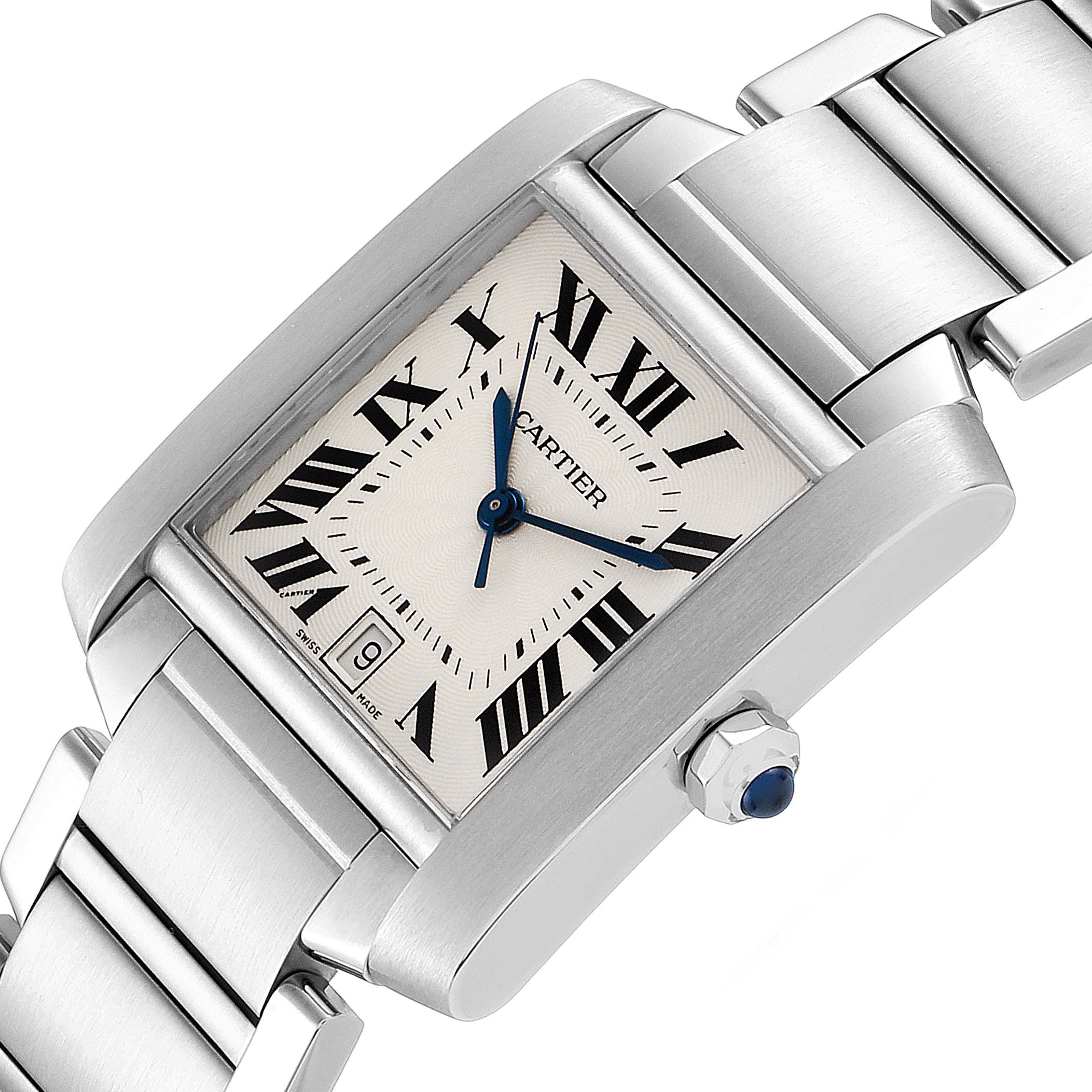 The image shows a close-up angle of the Cartier Tank Francaise W51002Q3 Men's Stainless Steel Silver Dial W51002Q3 Men's Stainless Steel Silver Dial watch, displaying the dial, crown, and part of the metal bracelet.