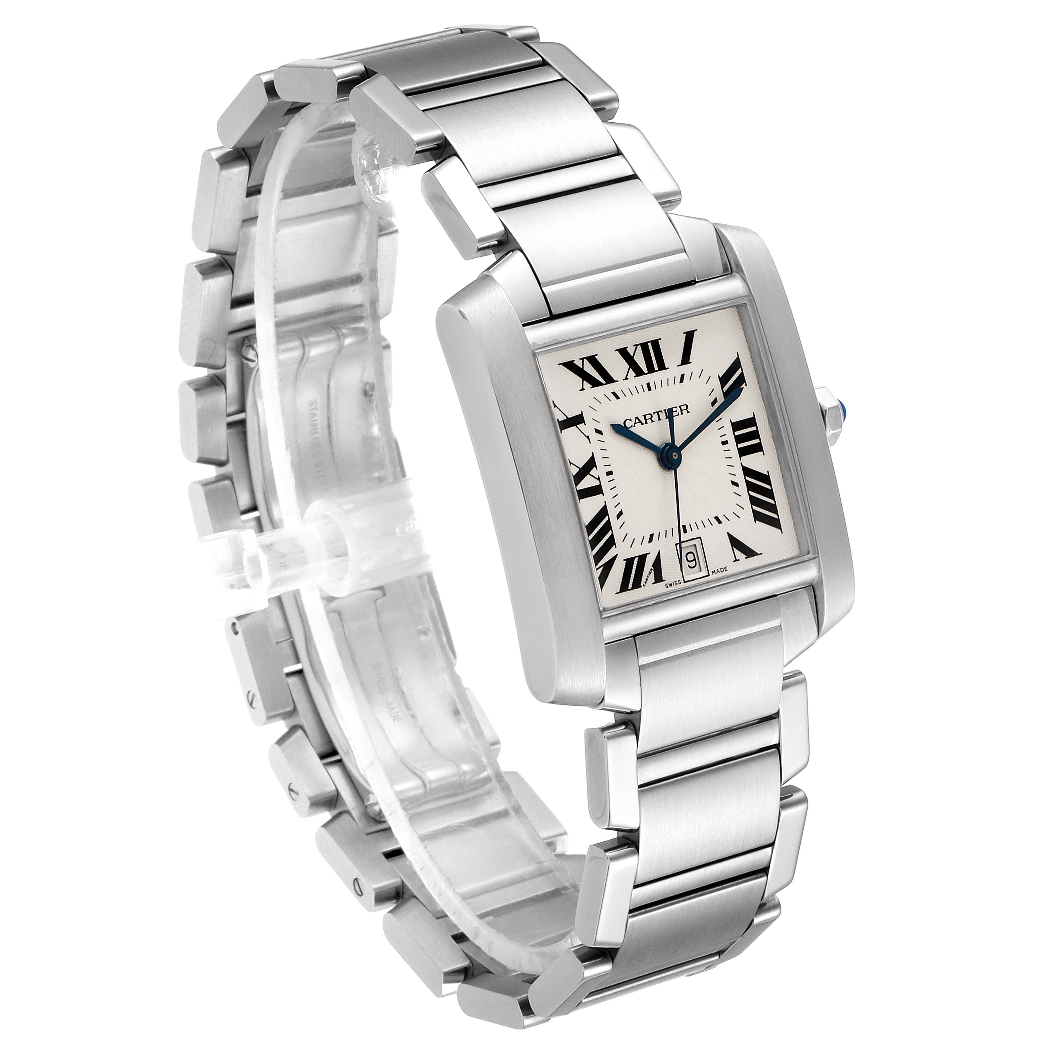 The Cartier Tank Francaise W51002Q3 Men's Stainless Steel Silver Dial W51002Q3 Men's Stainless Steel Silver Dial watch is shown at a three-quarter angle, displaying its face, bracelet, and crown.