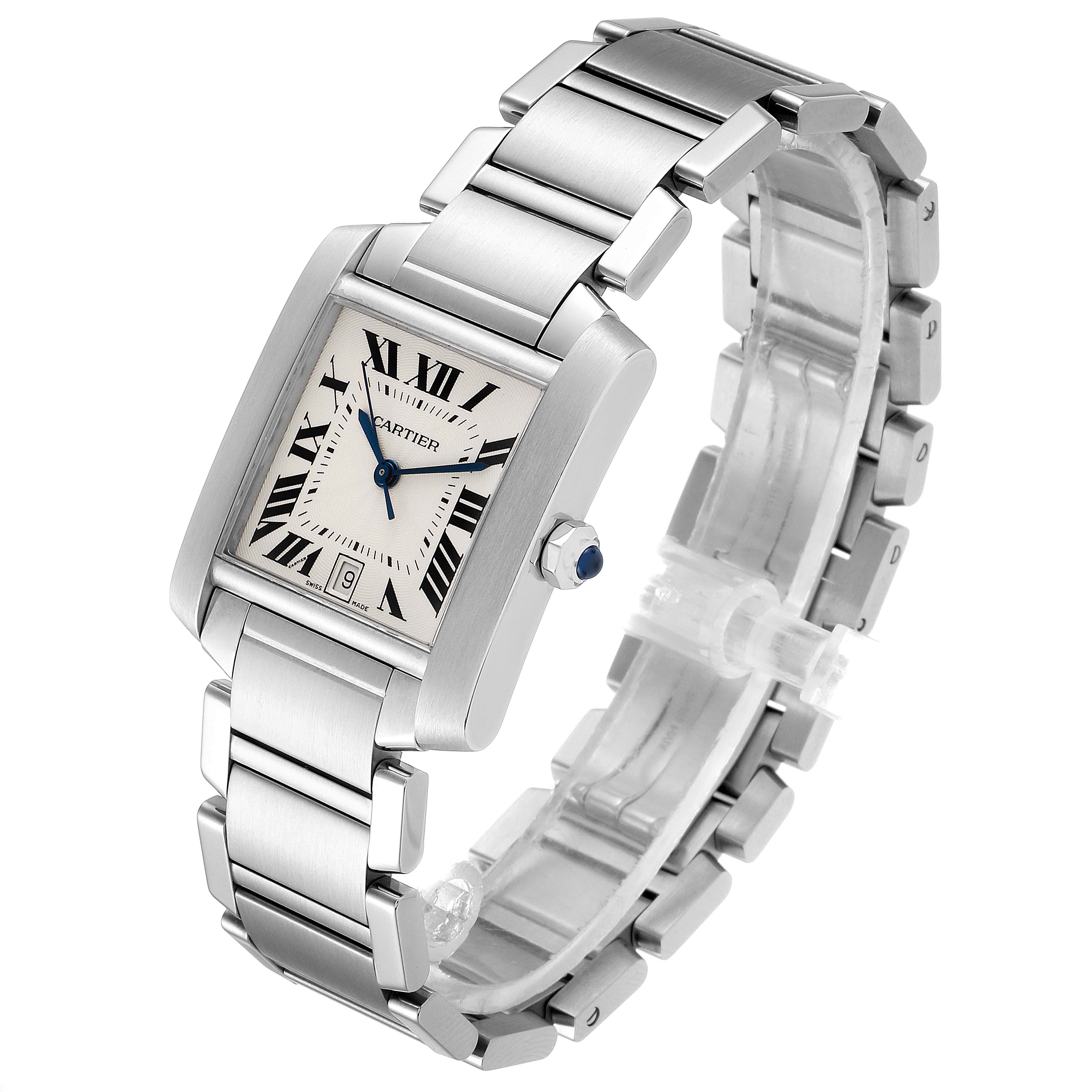 The image shows a front angled view of the Cartier Tank Francaise W51002Q3 Men's Stainless Steel Silver Dial W51002Q3 Men's Stainless Steel Silver Dial watch, highlighting its face, bracelet, and crown.
