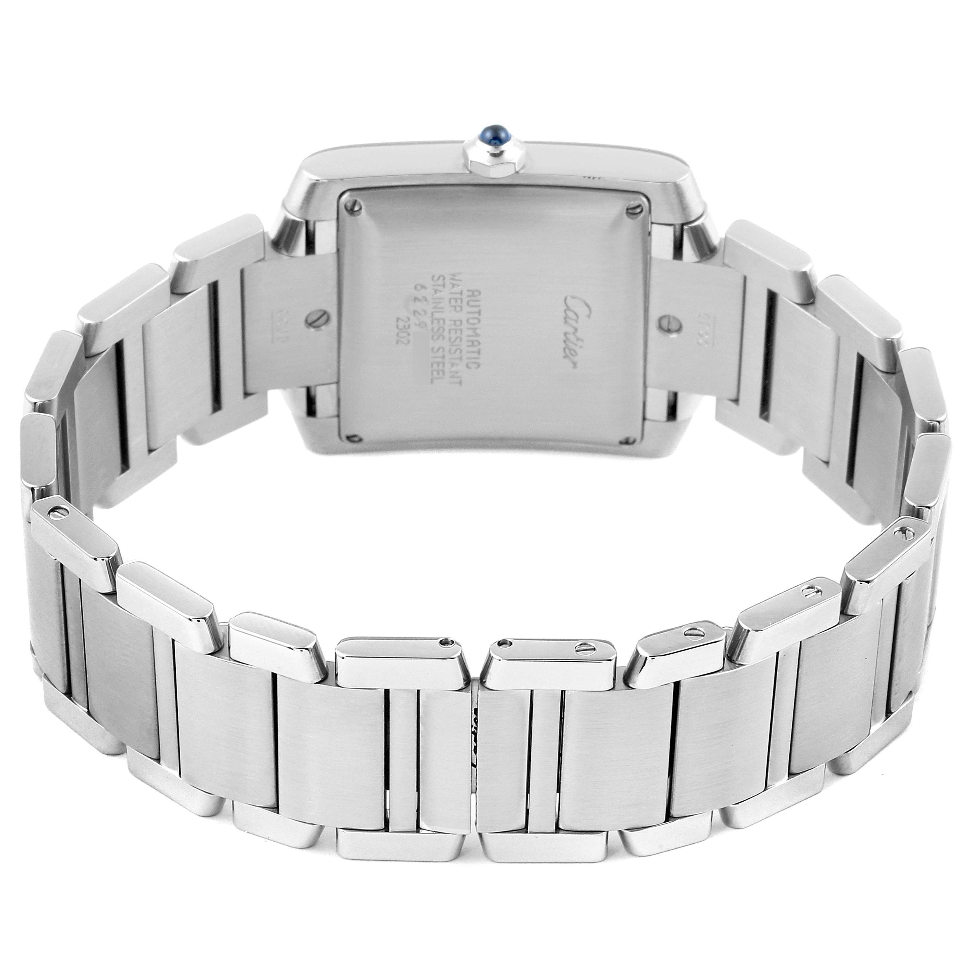This image shows the back casing and stainless steel bracelet of a Cartier Tank Francaise W51002Q3 Men's Stainless Steel Silver Dial W51002Q3 Men's Stainless Steel Silver Dial watch, viewed from the rear angle.