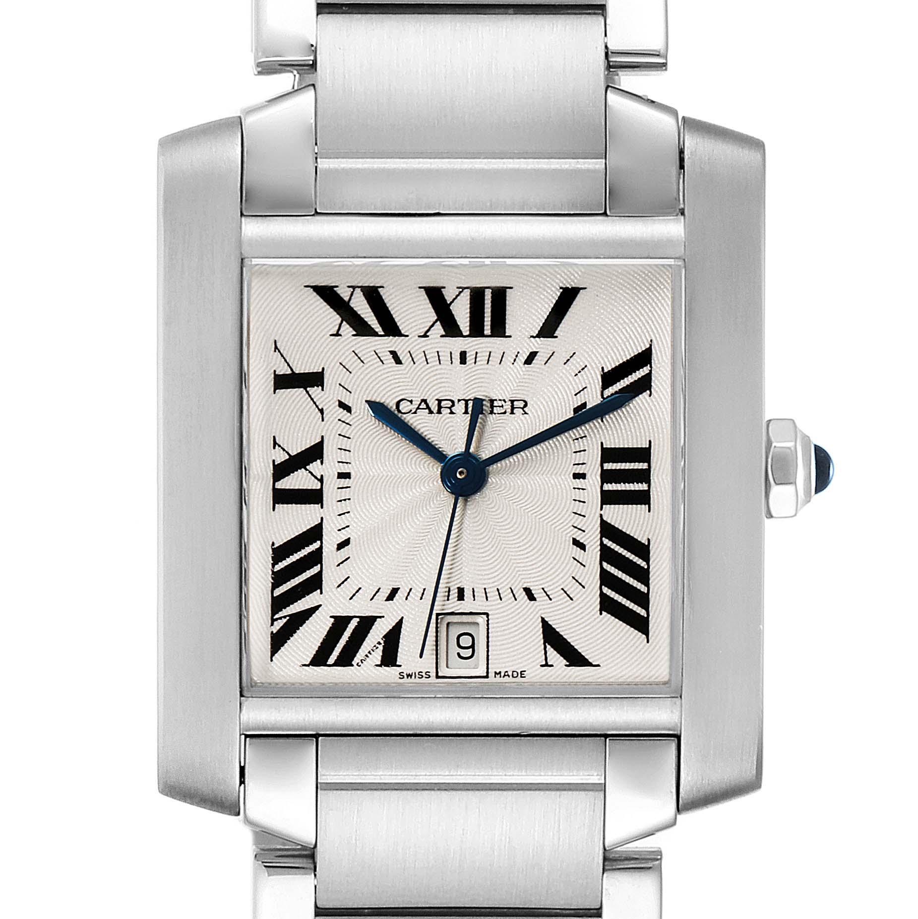 The image shows a front view of the Cartier Tank Francaise W51002Q3 Men's Stainless Steel Silver Dial W51002Q3 Men's Stainless Steel Silver Dial watch, highlighting its dial, Roman numerals, and date display.