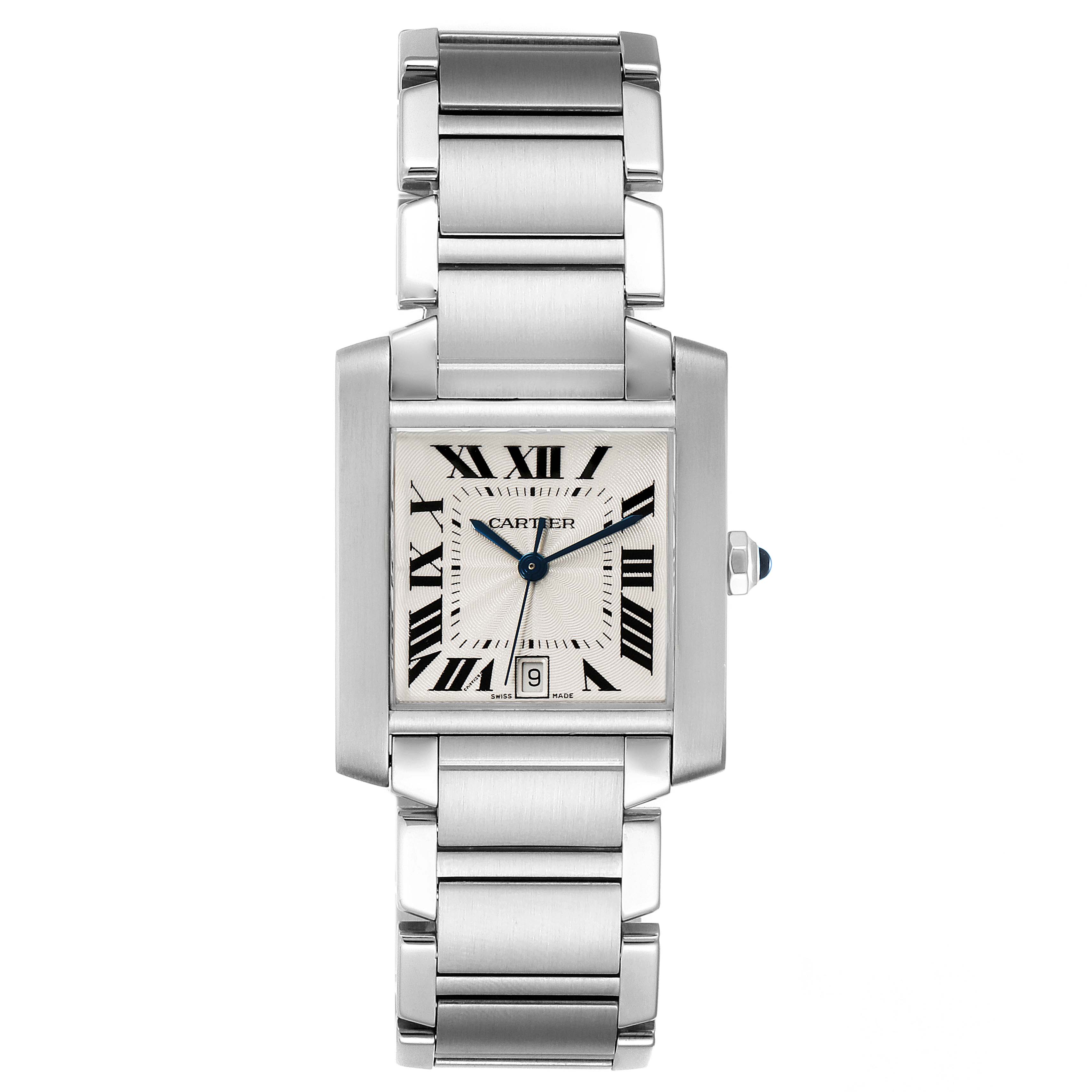 The image shows a front view of the Cartier Tank Française watch, highlighting its rectangular face, Roman numerals, and metal bracelet.
