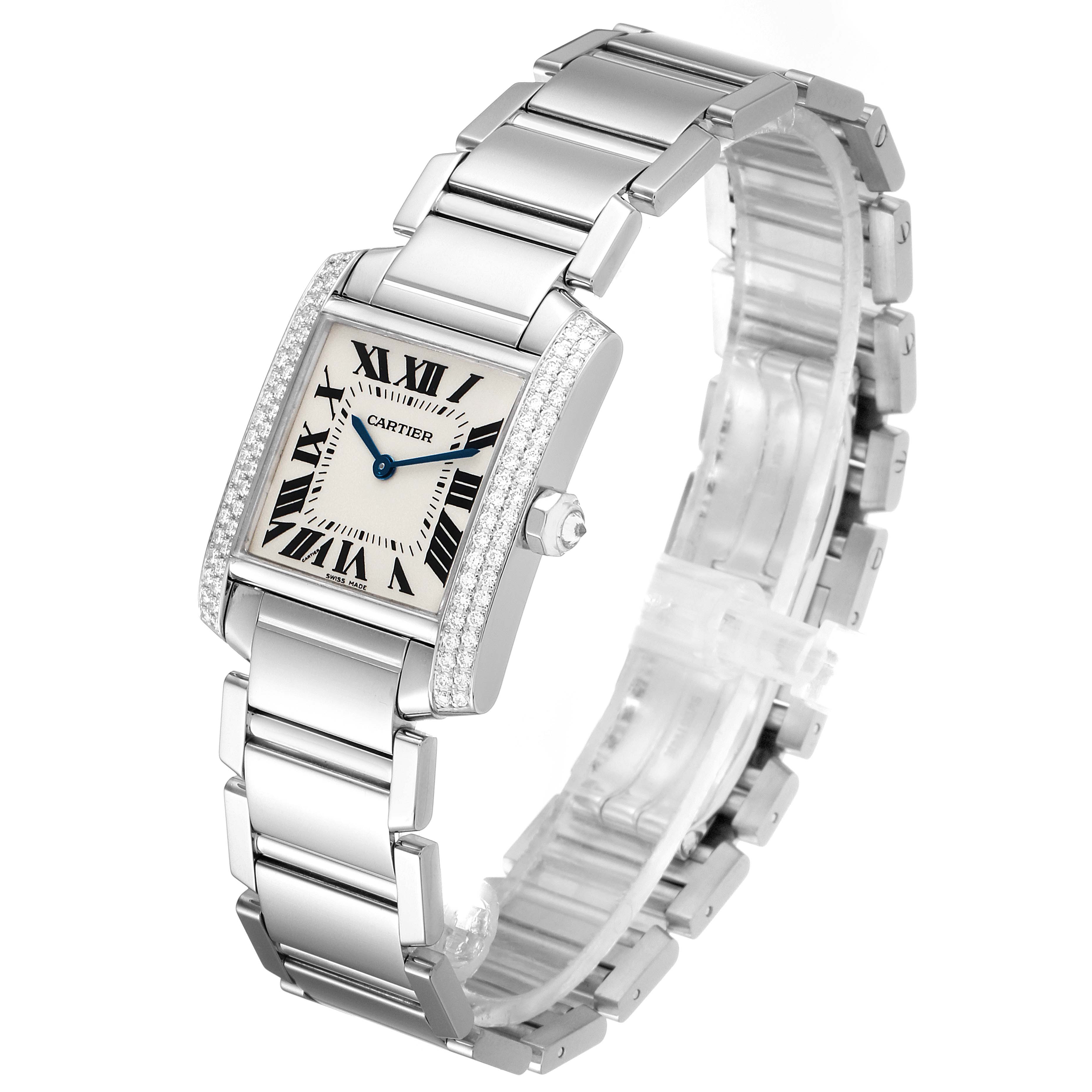 The image shows a Cartier Tank Francaise WE1009S3 Women's White Gold Silver Dial WE1009S3 Women's White Gold Silver Dial watch at a three-quarter angle, highlighting the bracelet, dial, and crown.