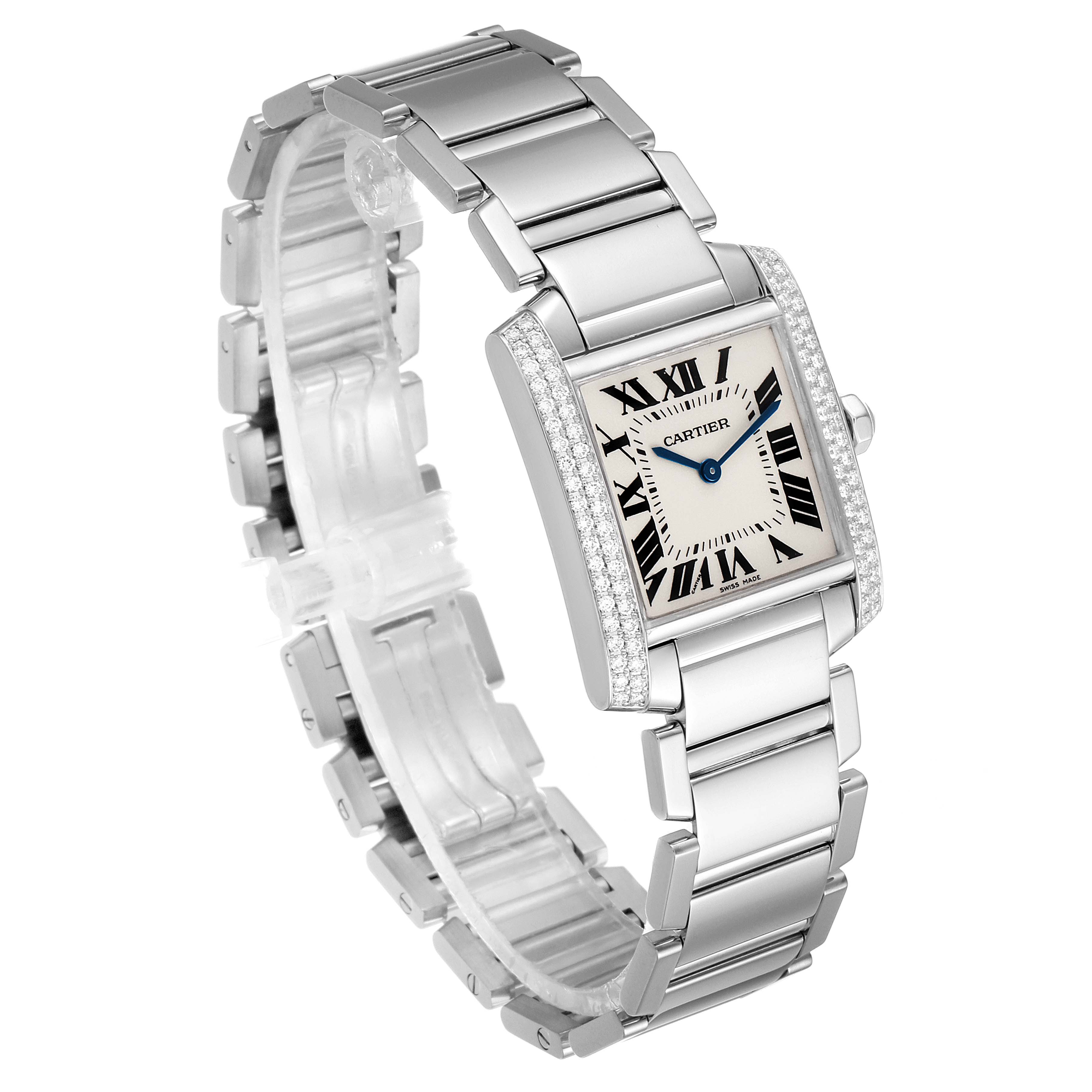 The image shows a Cartier Tank Francaise WE1009S3 Women's White Gold Silver Dial WE1009S3 Women's White Gold Silver Dial watch at a slight angled view, displaying the face, bracelet, and side details.