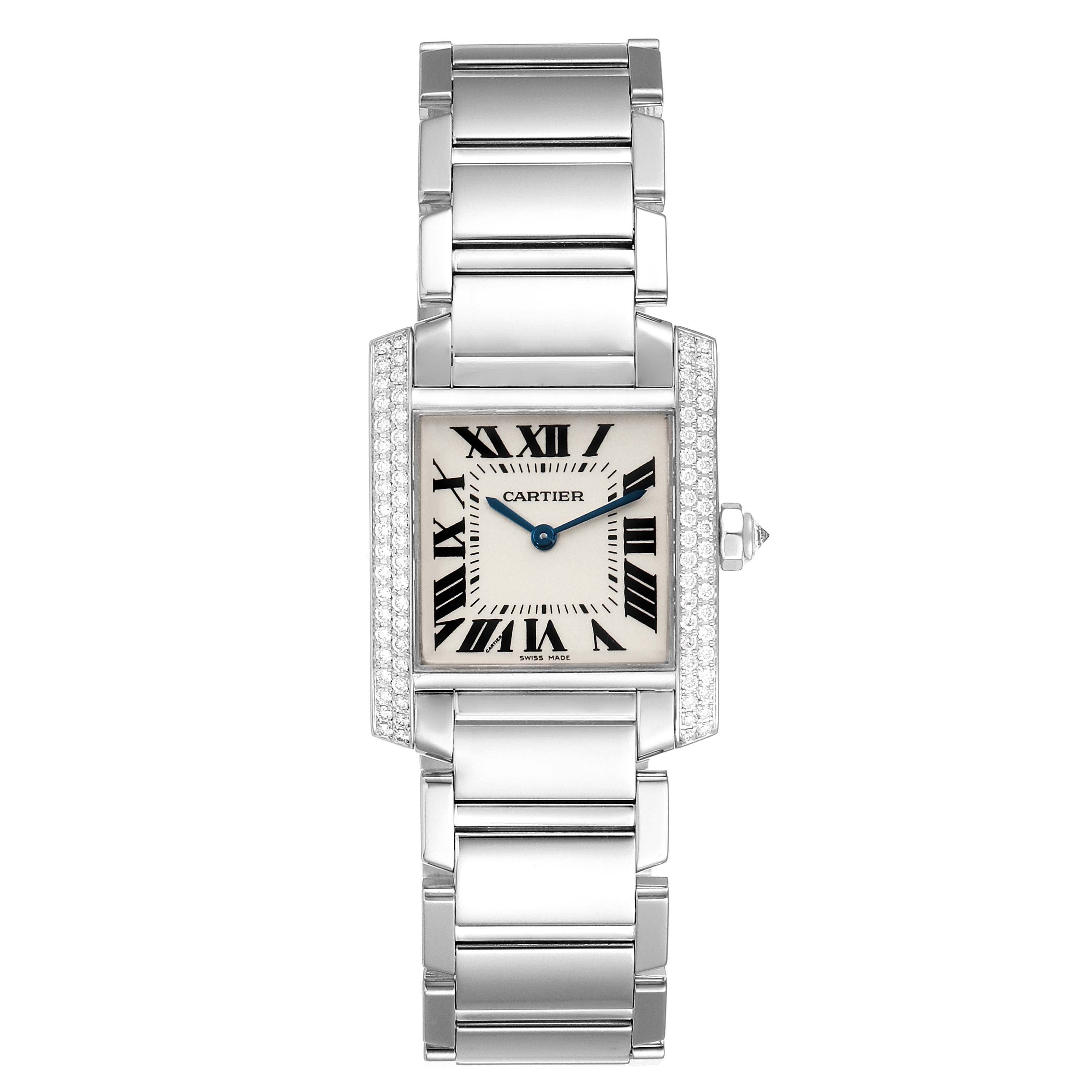 The image shows a Cartier Tank Francaise WE1009S3 Women's White Gold Silver Dial WE1009S3 Women's White Gold Silver Dial watch front view, highlighting the bracelet, rectangular face, and Roman numeral dial.