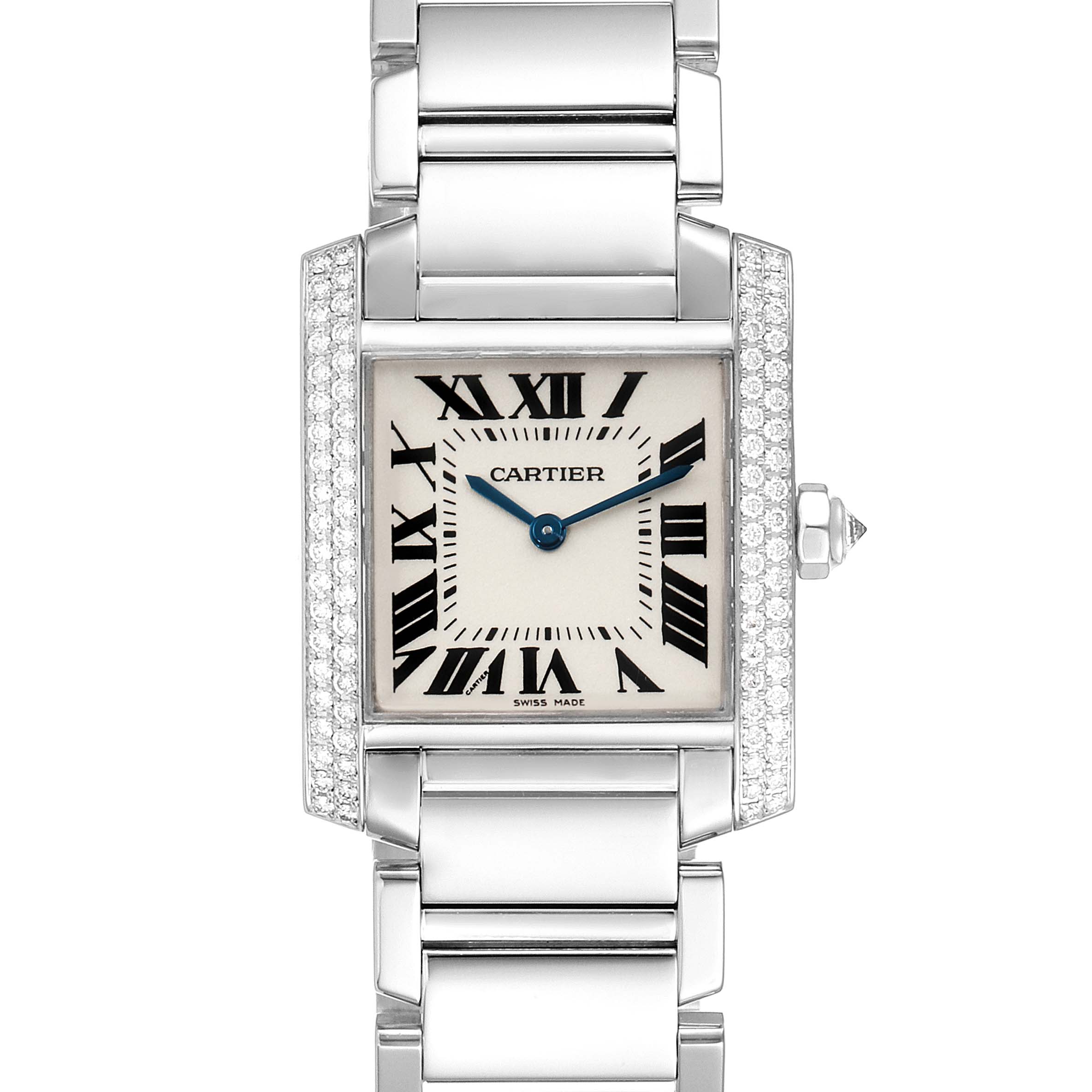 This image shows a head-on view of the Cartier Tank Francaise WE1009S3 Women's White Gold Silver Dial WE1009S3 Women's White Gold Silver Dial watch, displaying its face, bezel, and part of the bracelet.