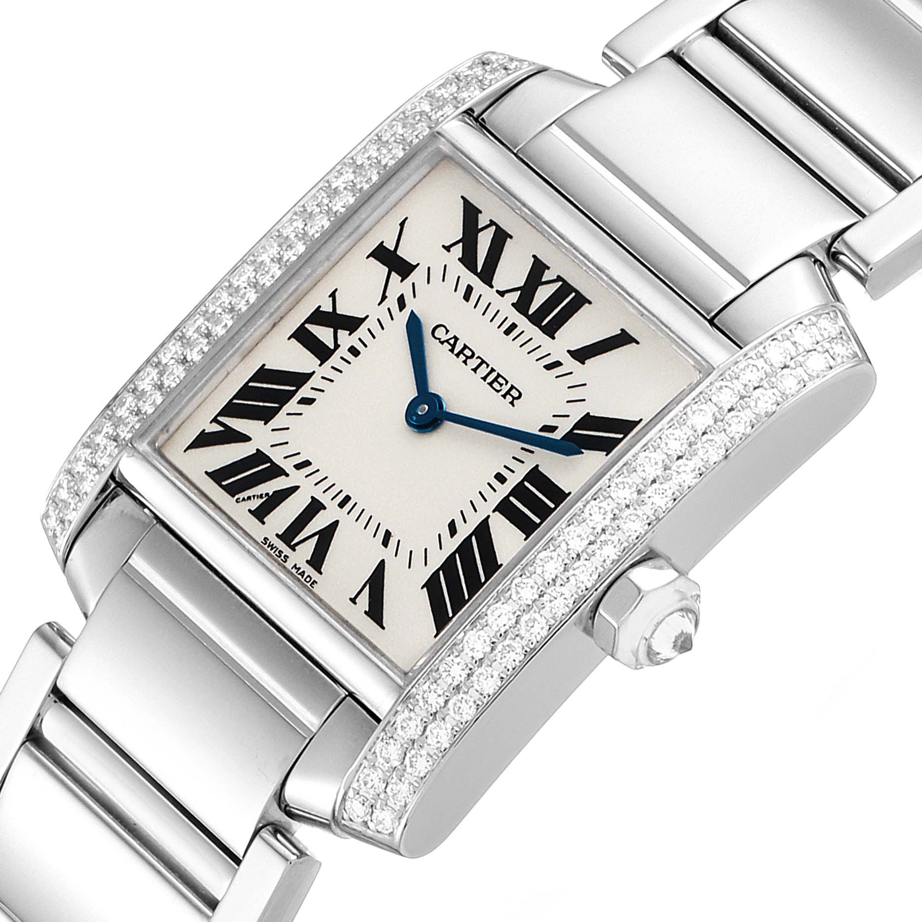 The Cartier Tank Francaise WE1009S3 Women's White Gold Silver Dial WE1009S3 Women's White Gold Silver Dial watch is shown at an oblique angle, highlighting the rectangular dial, bracelet, and diamond-set bezel.