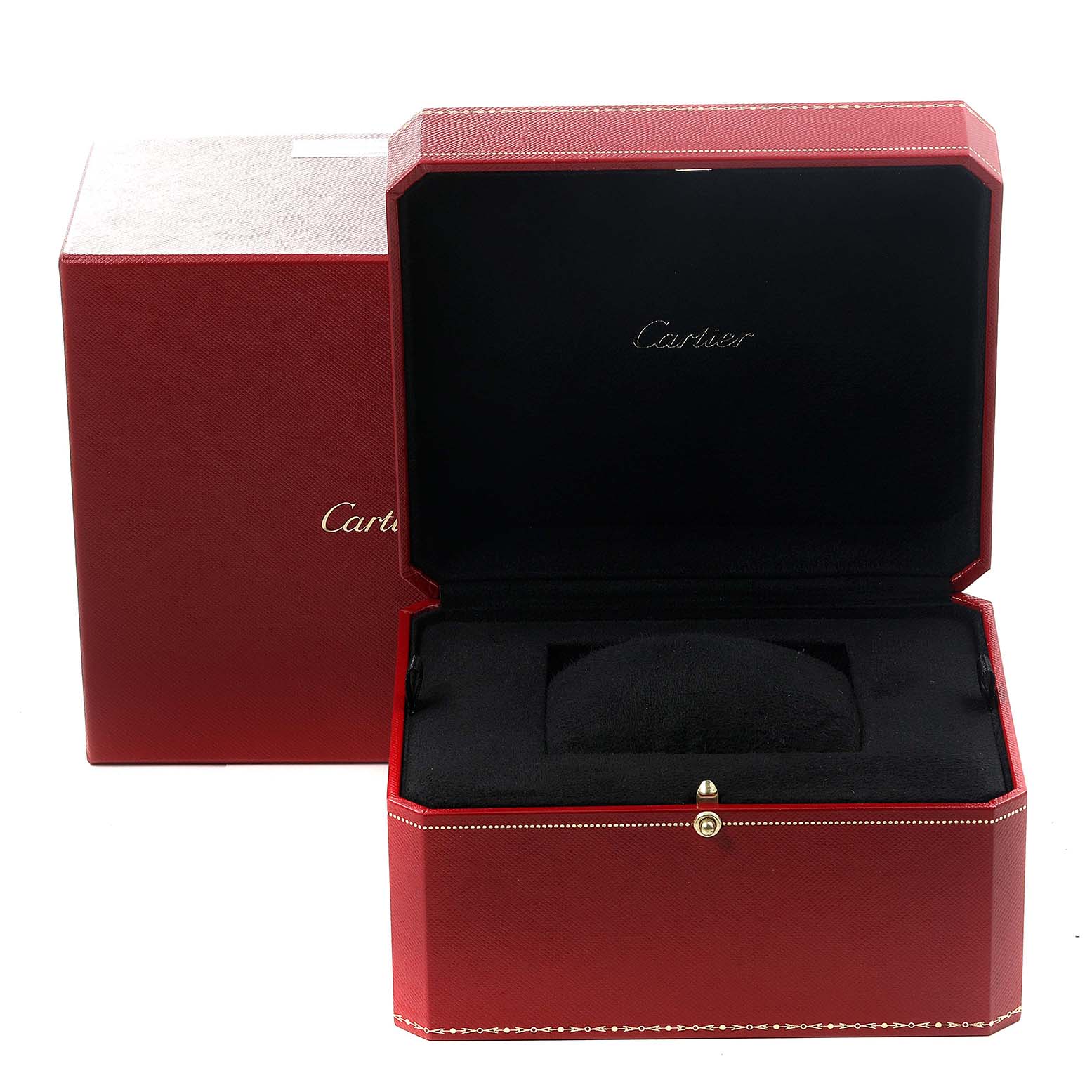 This image shows an open red Cartier box, likely for a Tank Francaise watch, with a black interior.