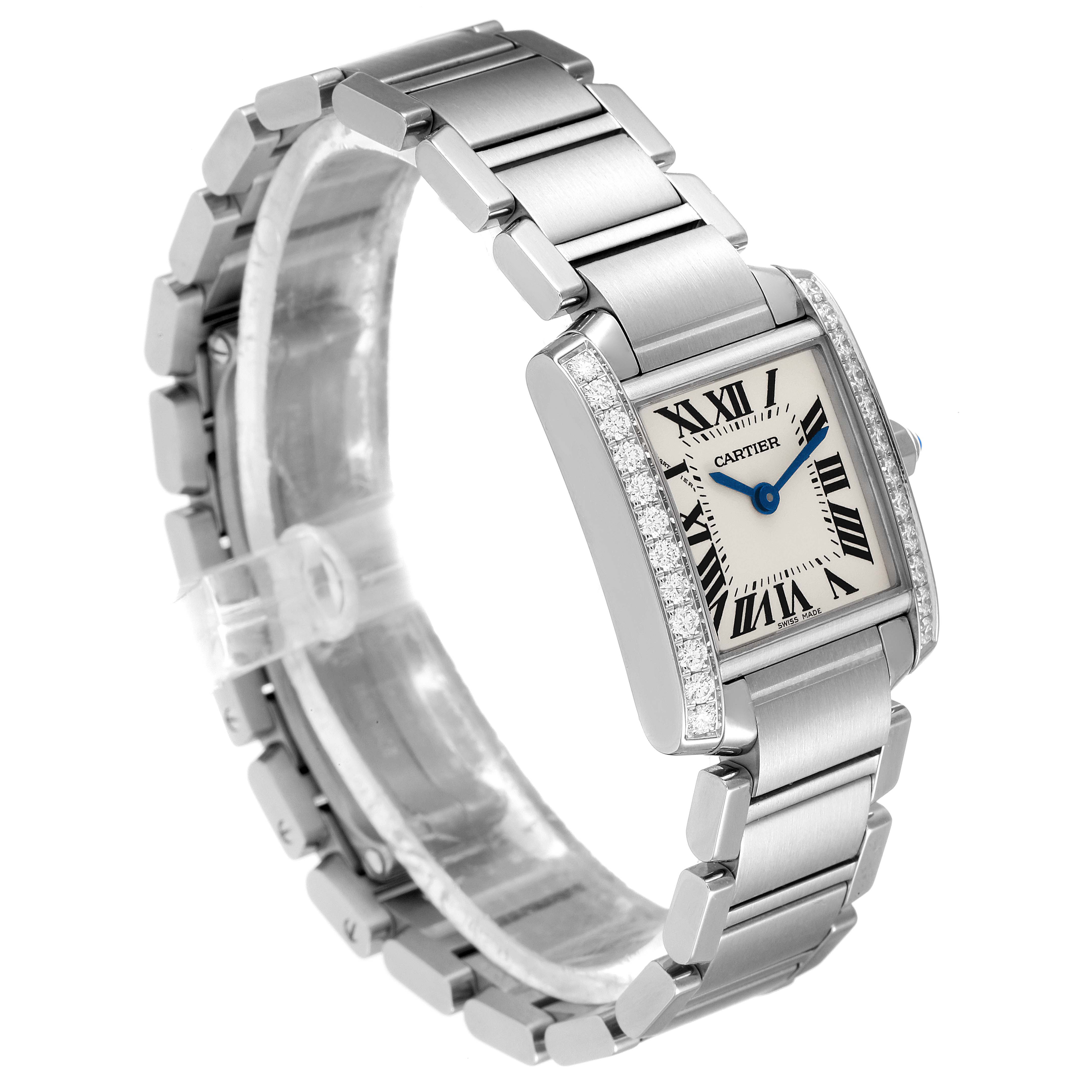 The image shows a Cartier Tank Francaise W4TA0008 Women
s Stainless Steel Silver Dial W4TA0008 Women
s Stainless Steel Silver Dial watch at a slight angle, highlighting the bracelet, rectangular dial, and diamond-set bezel.