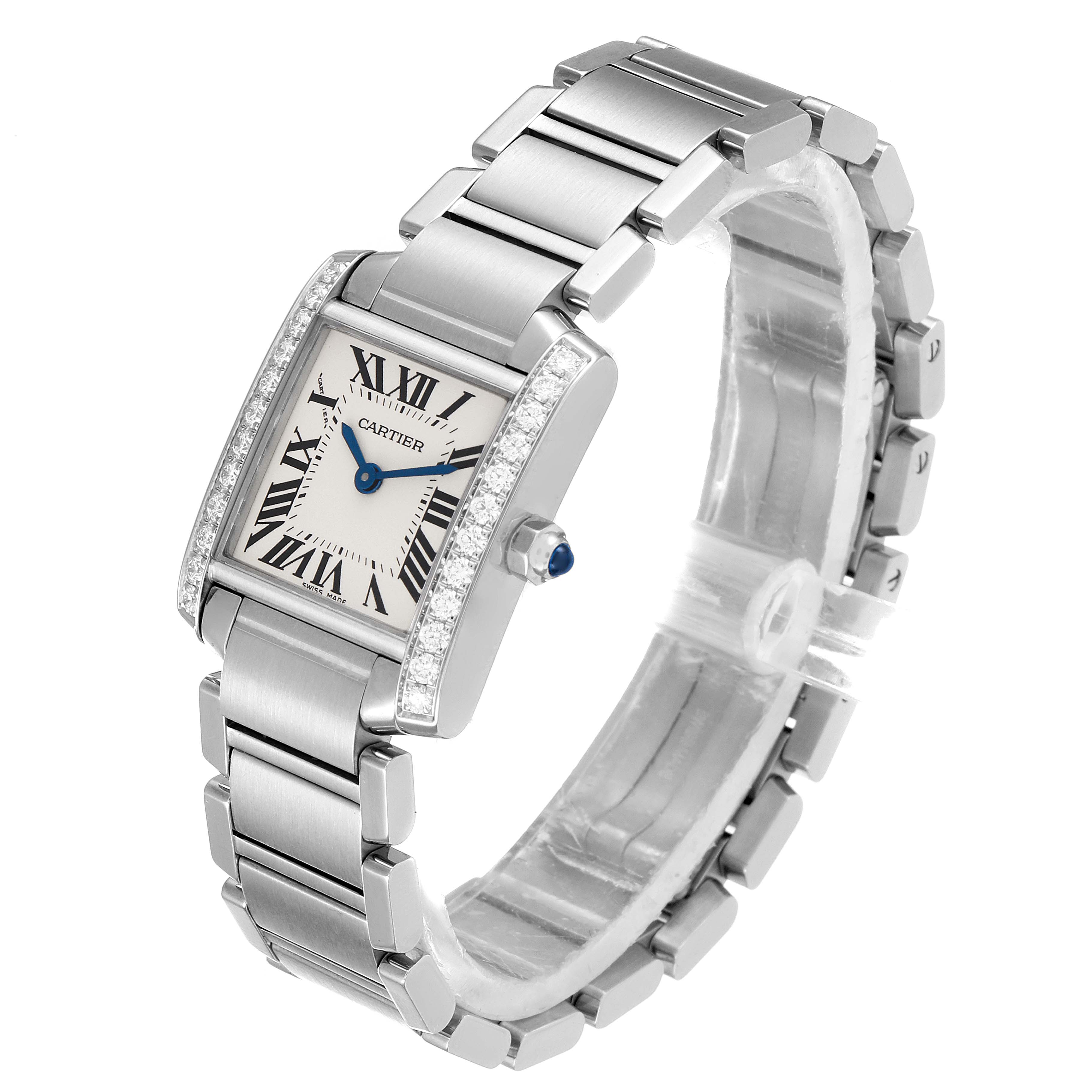 The image shows a Cartier Tank Francaise W4TA0008 Women
s Stainless Steel Silver Dial W4TA0008 Women
s Stainless Steel Silver Dial watch at a slight angle, displaying the face, bracelet, and the side crown with a blue gemstone.