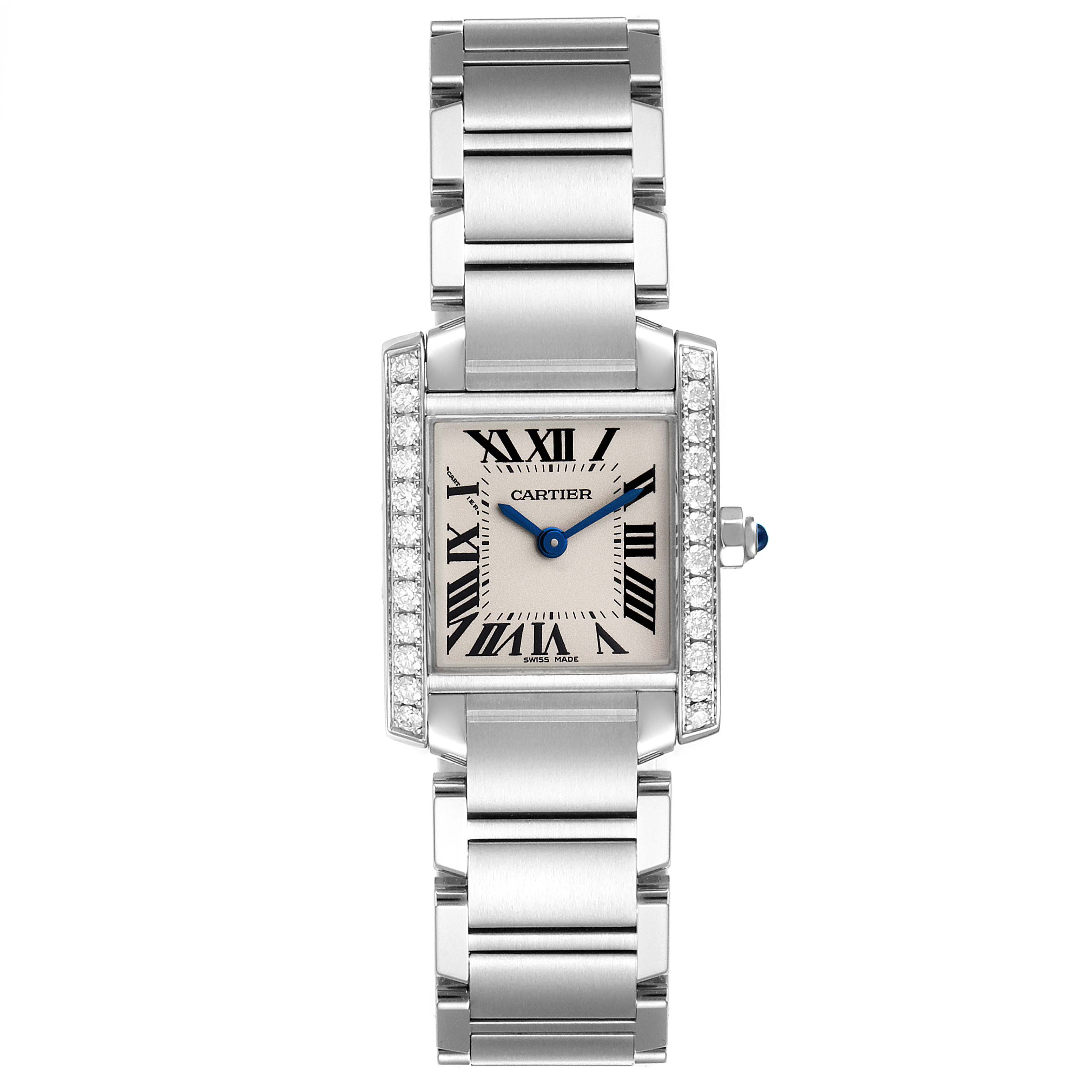 The image shows the Cartier Tank Francaise W4TA0008 Women
s Stainless Steel Silver Dial W4TA0008 Women
s Stainless Steel Silver Dial watch from a straight-on angle, highlighting the face, bracelet, and crown.