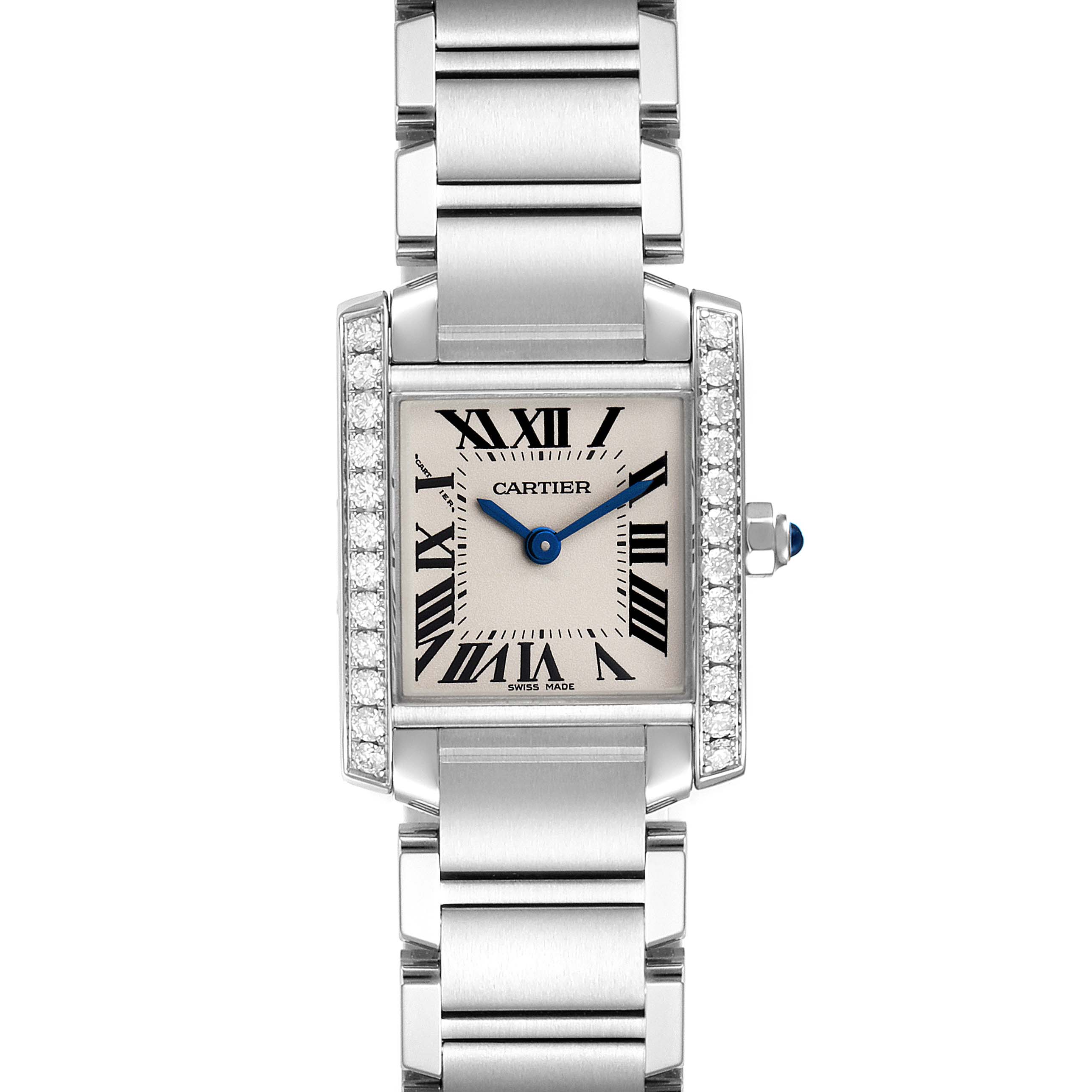 The image shows a frontal view of a Cartier Tank Francaise W4TA0008 Women
s Stainless Steel Silver Dial W4TA0008 Women
s Stainless Steel Silver Dial watch, highlighting its square face, roman numerals, and metal bracelet.