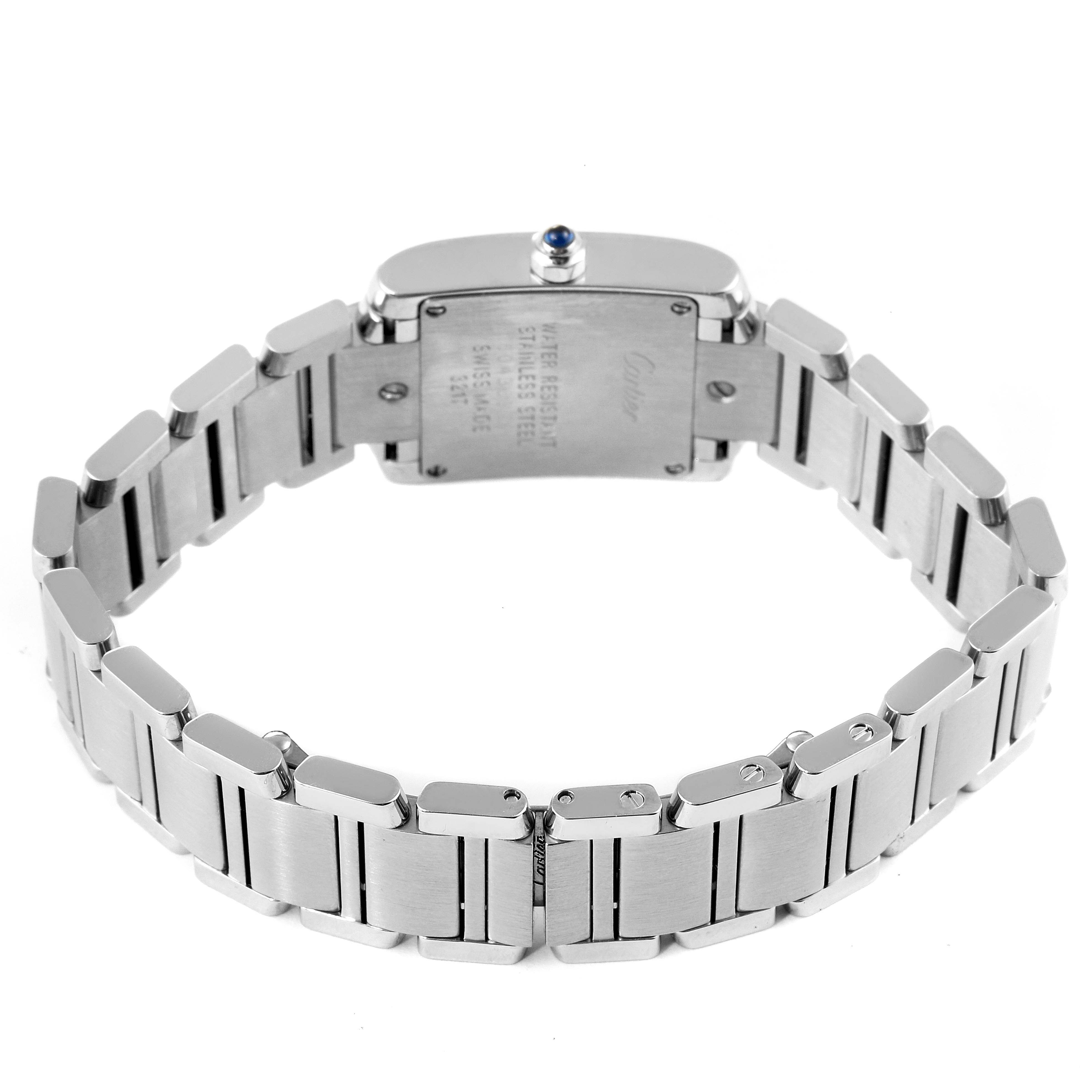 This image shows the back case and metal bracelet of a Cartier Tank Francaise W4TA0008 Women
s Stainless Steel Silver Dial W4TA0008 Women
s Stainless Steel Silver Dial watch at a rear angle.