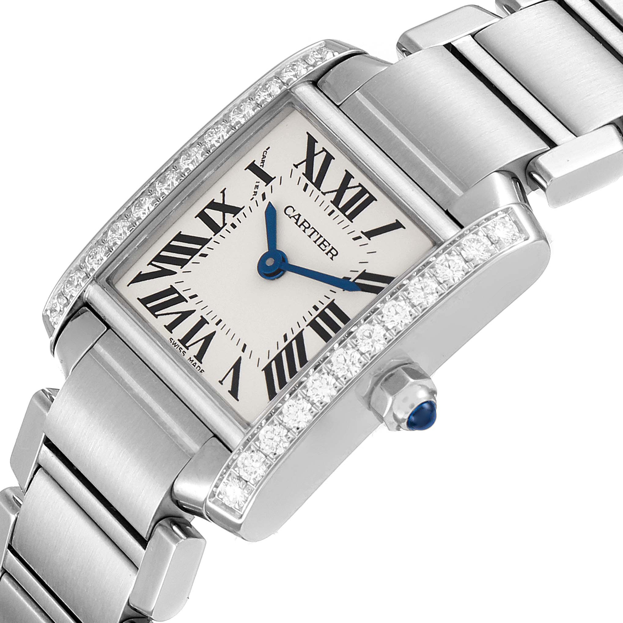 The image shows a close-up view of the face and part of the bracelet of the Cartier Tank Francaise W4TA0008 Women
s Stainless Steel Silver Dial W4TA0008 Women
s Stainless Steel Silver Dial watch, highlighting its Roman numerals and diamond-studded bezel.