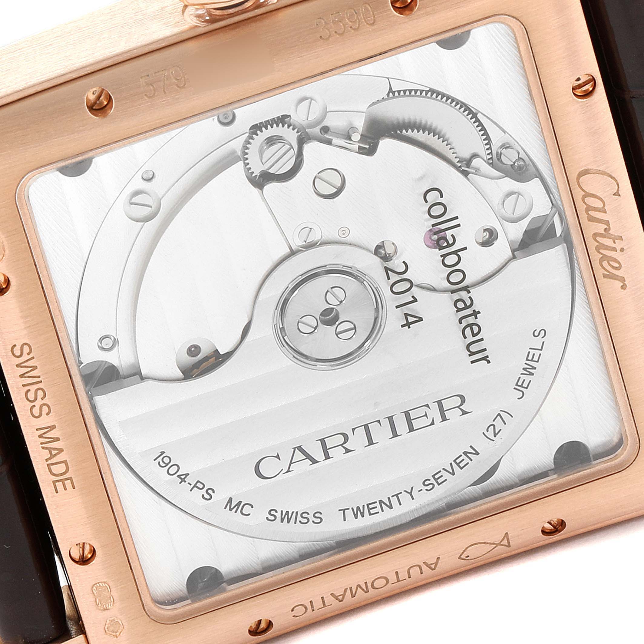 This image shows the back view of a Cartier Tank MC W5330001 Men's Rose Gold Silver Dial W5330001 Men's Rose Gold Silver Dial watch, focusing on its internal automatic movement.