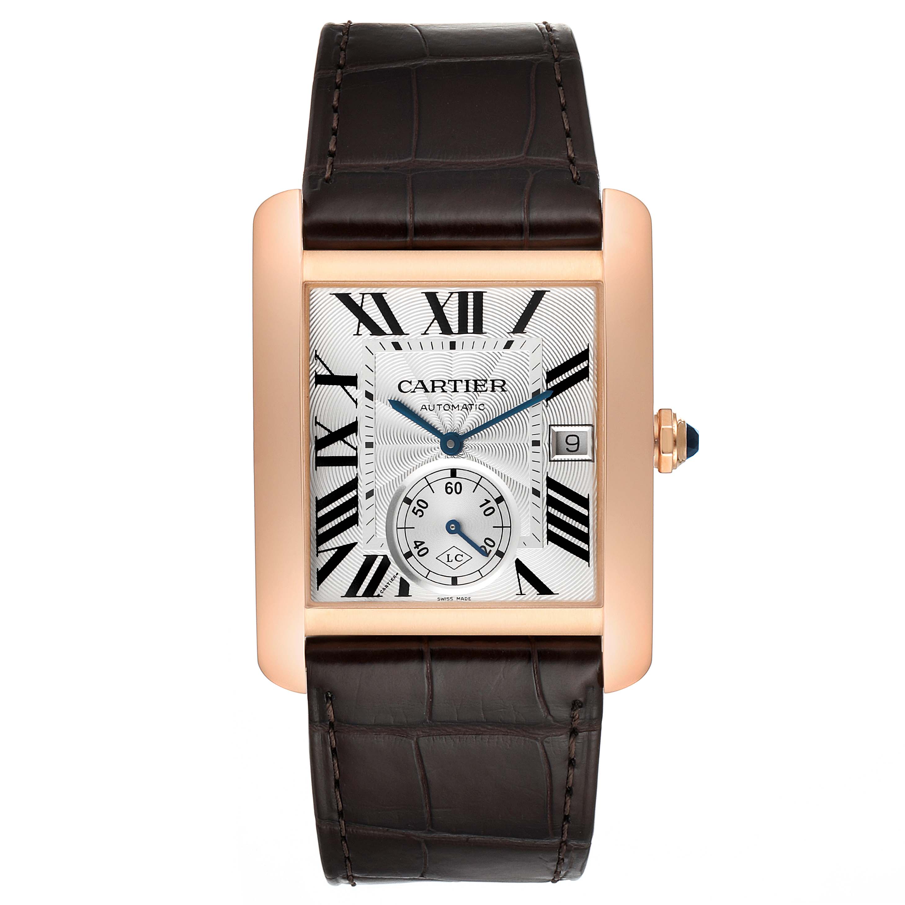 The image shows a front view of a Cartier Tank MC W5330001 Men's Rose Gold Silver Dial W5330001 Men's Rose Gold Silver Dial watch with a rectangular face, Roman numerals, and a leather strap.