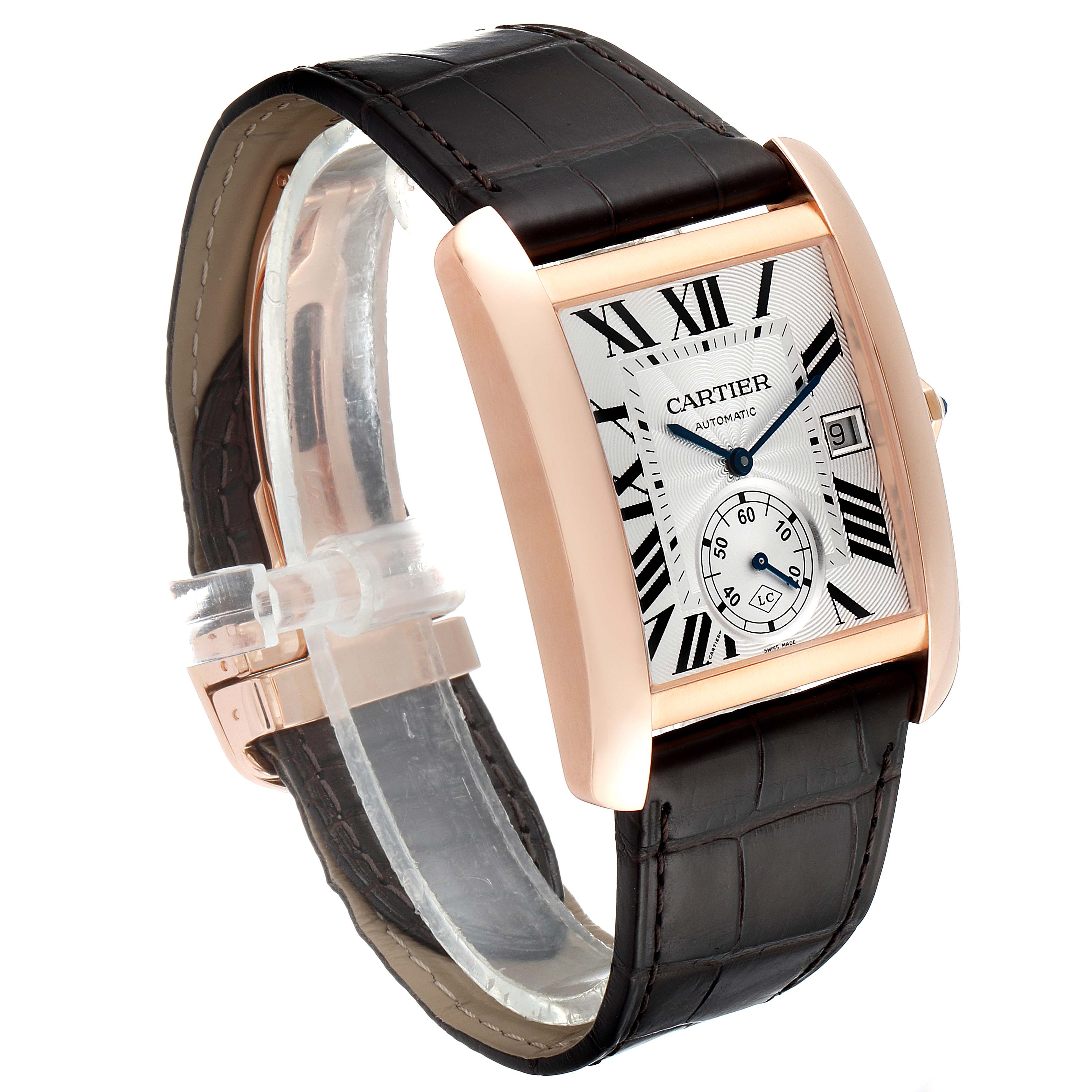 The image shows a Cartier Tank MC W5330001 Men's Rose Gold Silver Dial W5330001 Men's Rose Gold Silver Dial watch at a three-quarter angle, highlighting its rectangular face, leather strap, and rose gold-tone case.