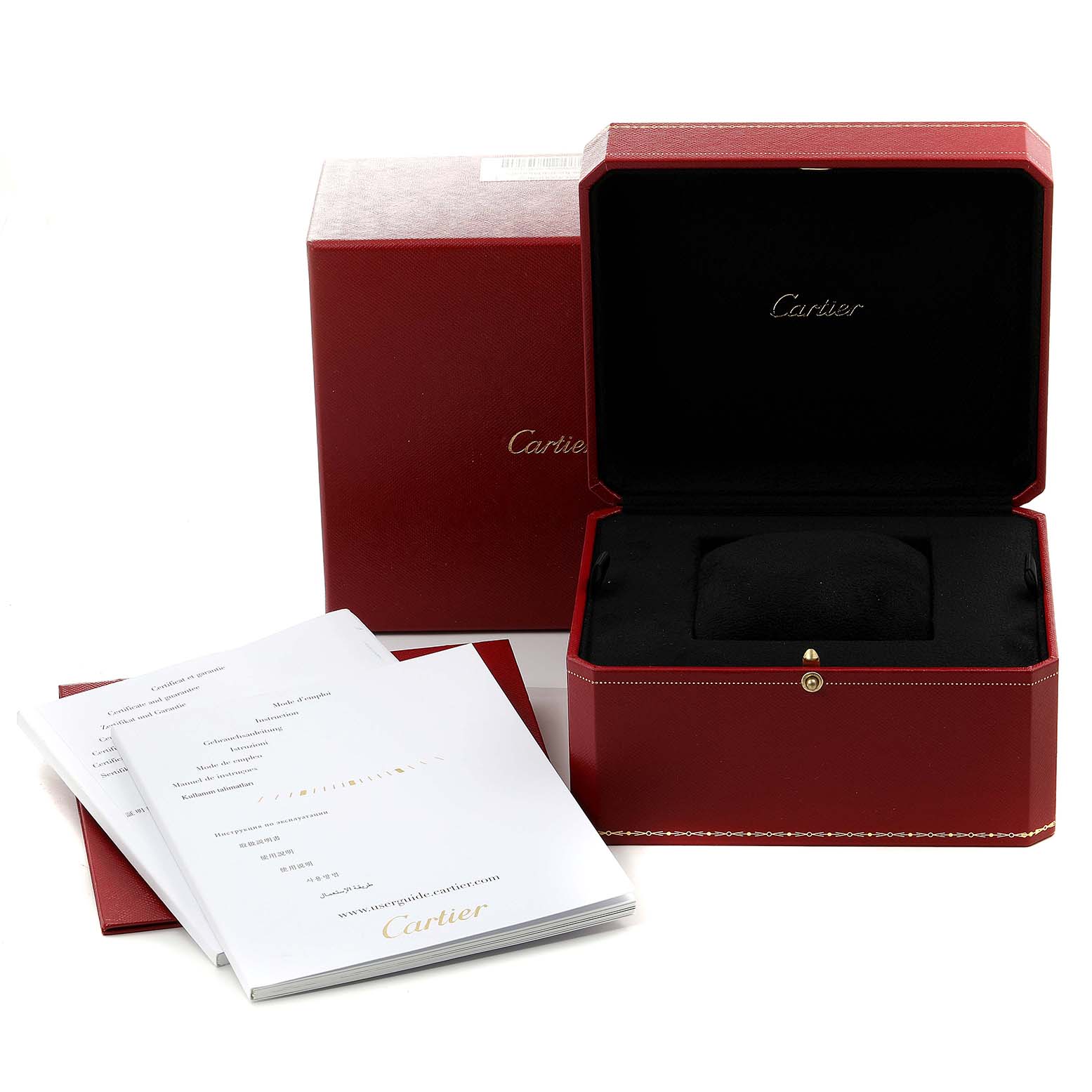 The image shows the open box and user manuals for the Cartier Tank MC W5330001 Men's Rose Gold Silver Dial W5330001 Men's Rose Gold Silver Dial watch, with the interior of the box and paperwork visible.