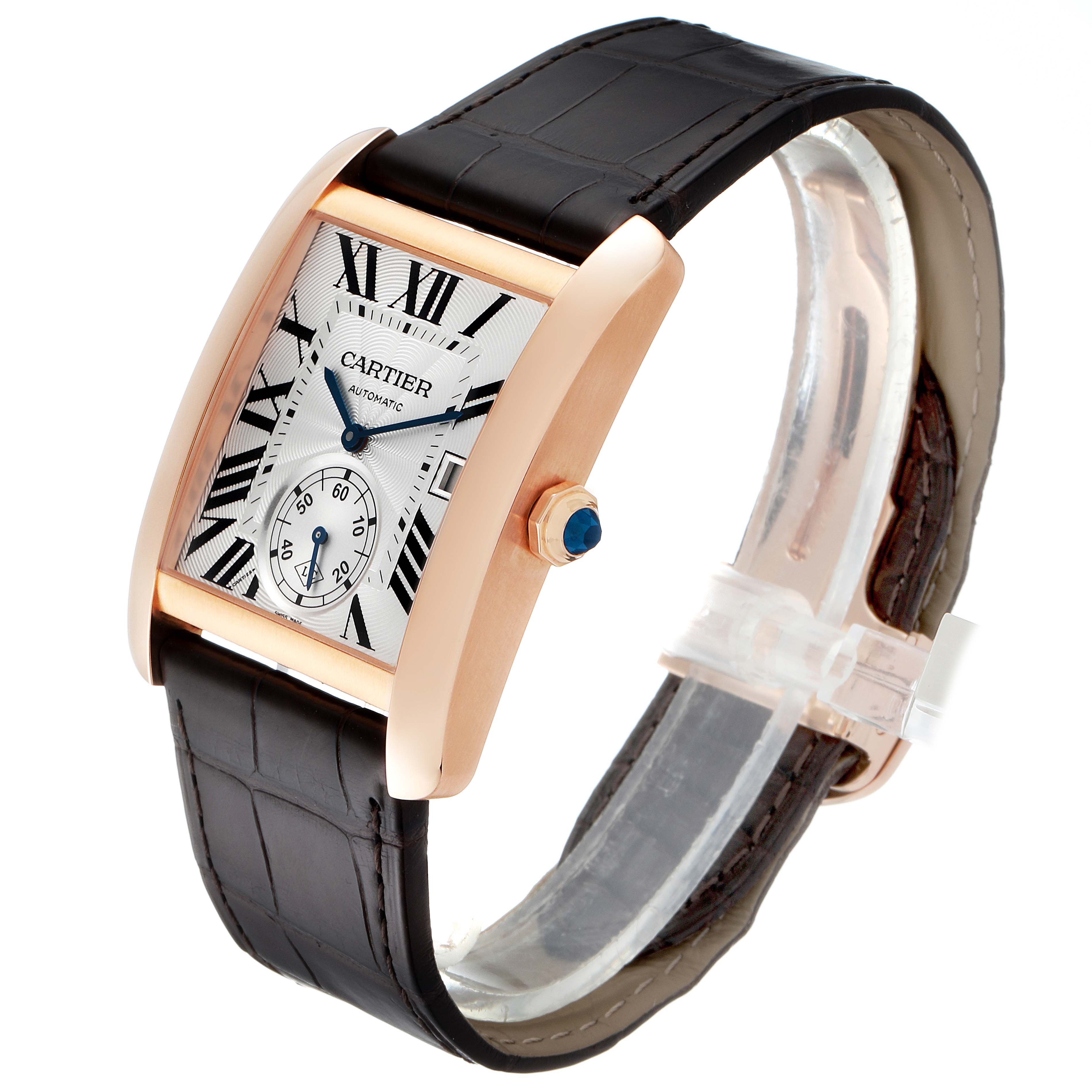 This image shows a Cartier Tank MC W5330001 Men's Rose Gold Silver Dial W5330001 Men's Rose Gold Silver Dial watch at an angle displaying its dial, case, crown, and leather strap.