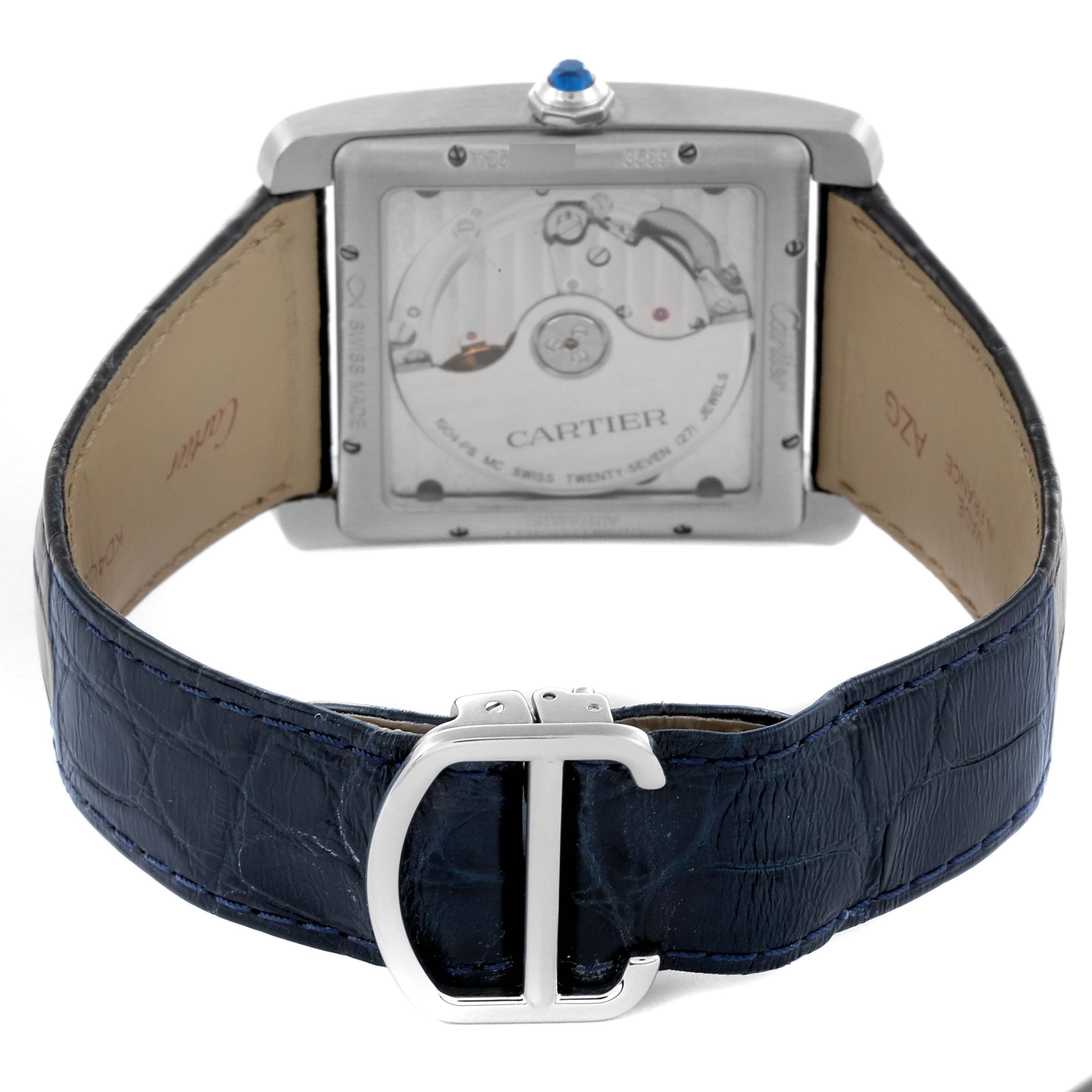 The image shows the back view of the Cartier Tank MC W5330003 Men
s Stainless Steel Silver Dial W5330003 Men
s Stainless Steel Silver Dial watch, highlighting the case back and leather strap with buckle.