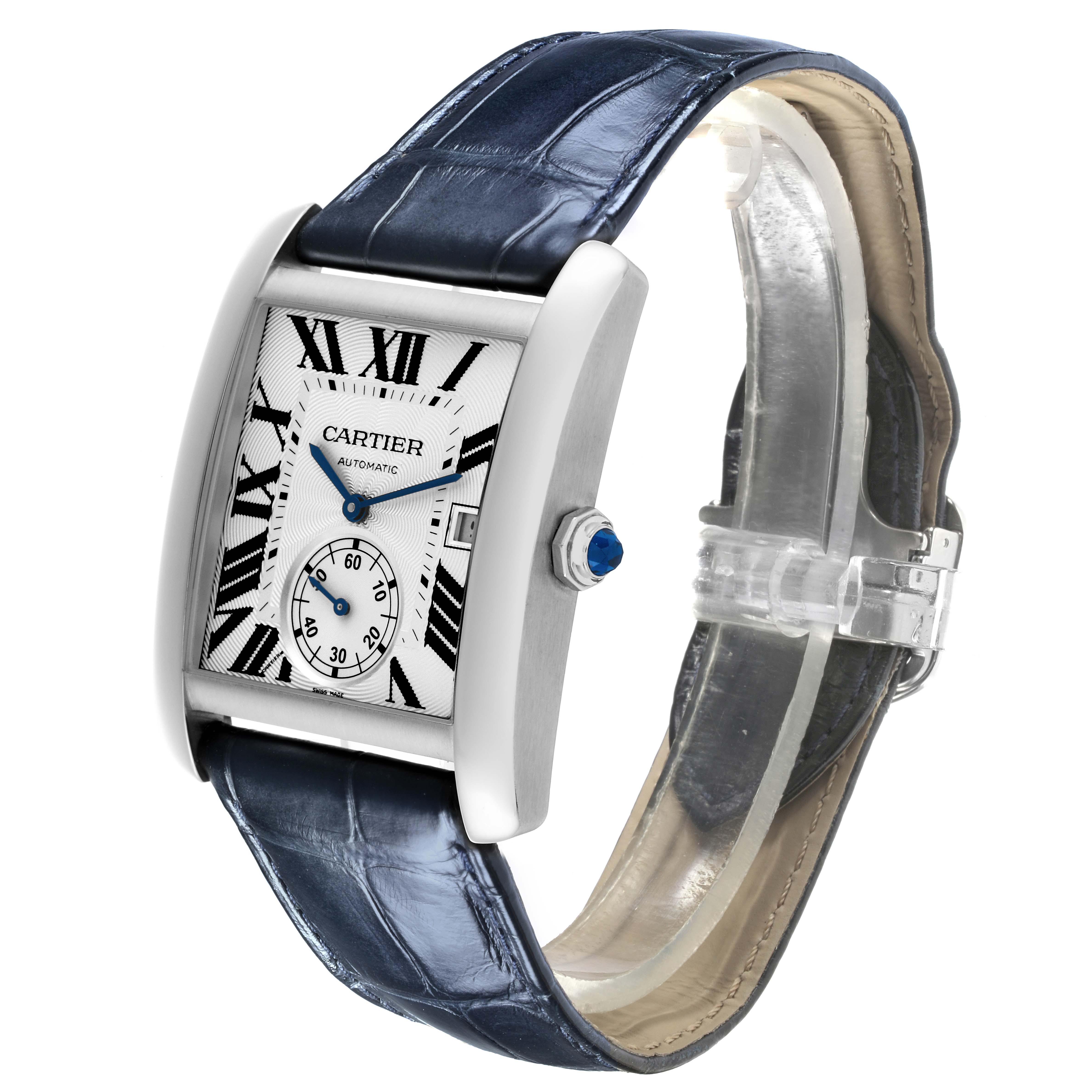 The Cartier Tank MC W5330003 Men
s Stainless Steel Silver Dial W5330003 Men
s Stainless Steel Silver Dial watch is shown at a slight angle, displaying the face, case, blue hands, Roman numerals, and leather strap.