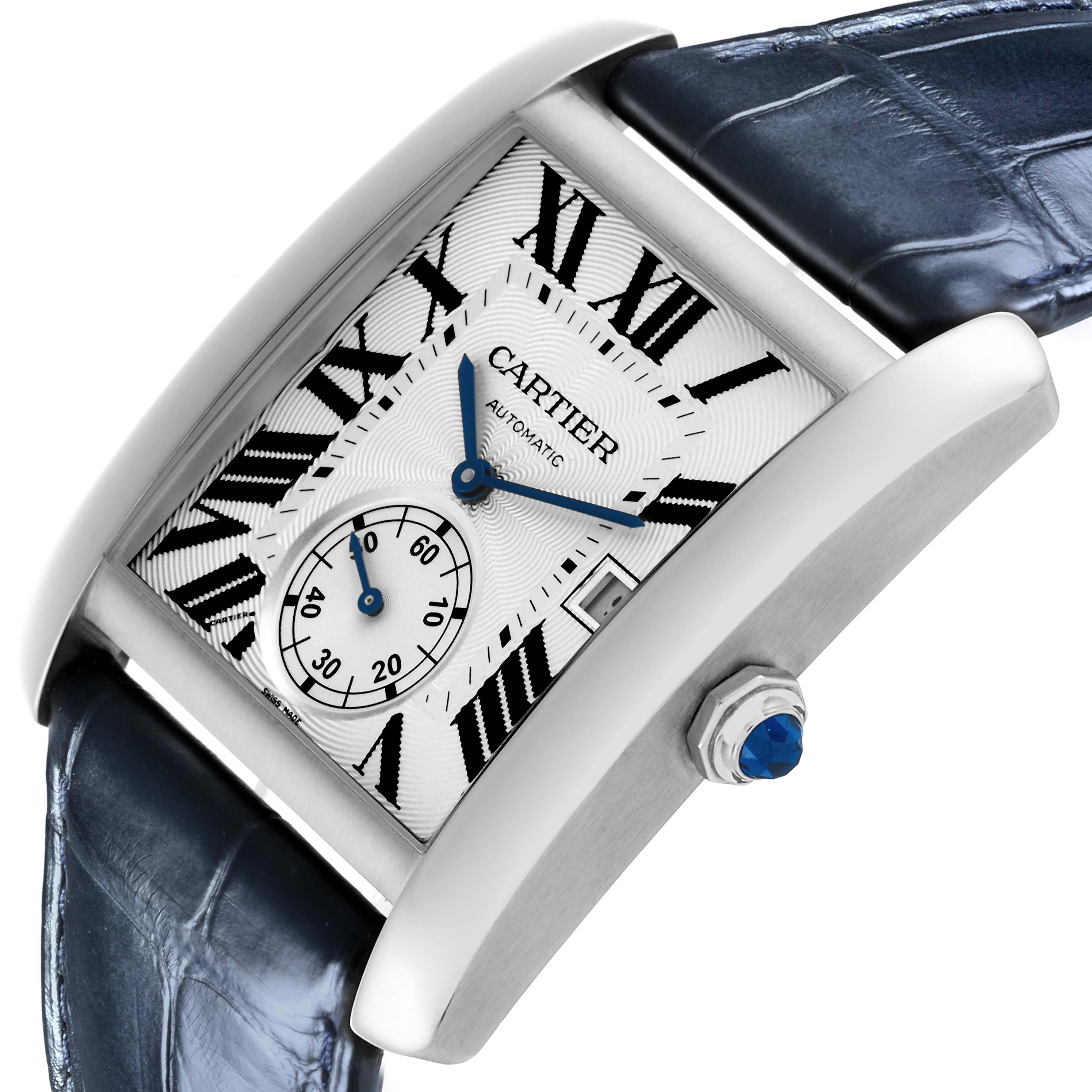 The Cartier Tank MC W5330003 Men
s Stainless Steel Silver Dial W5330003 Men
s Stainless Steel Silver Dial watch is shown at an angle highlighting the face, crown, and part of the leather strap.