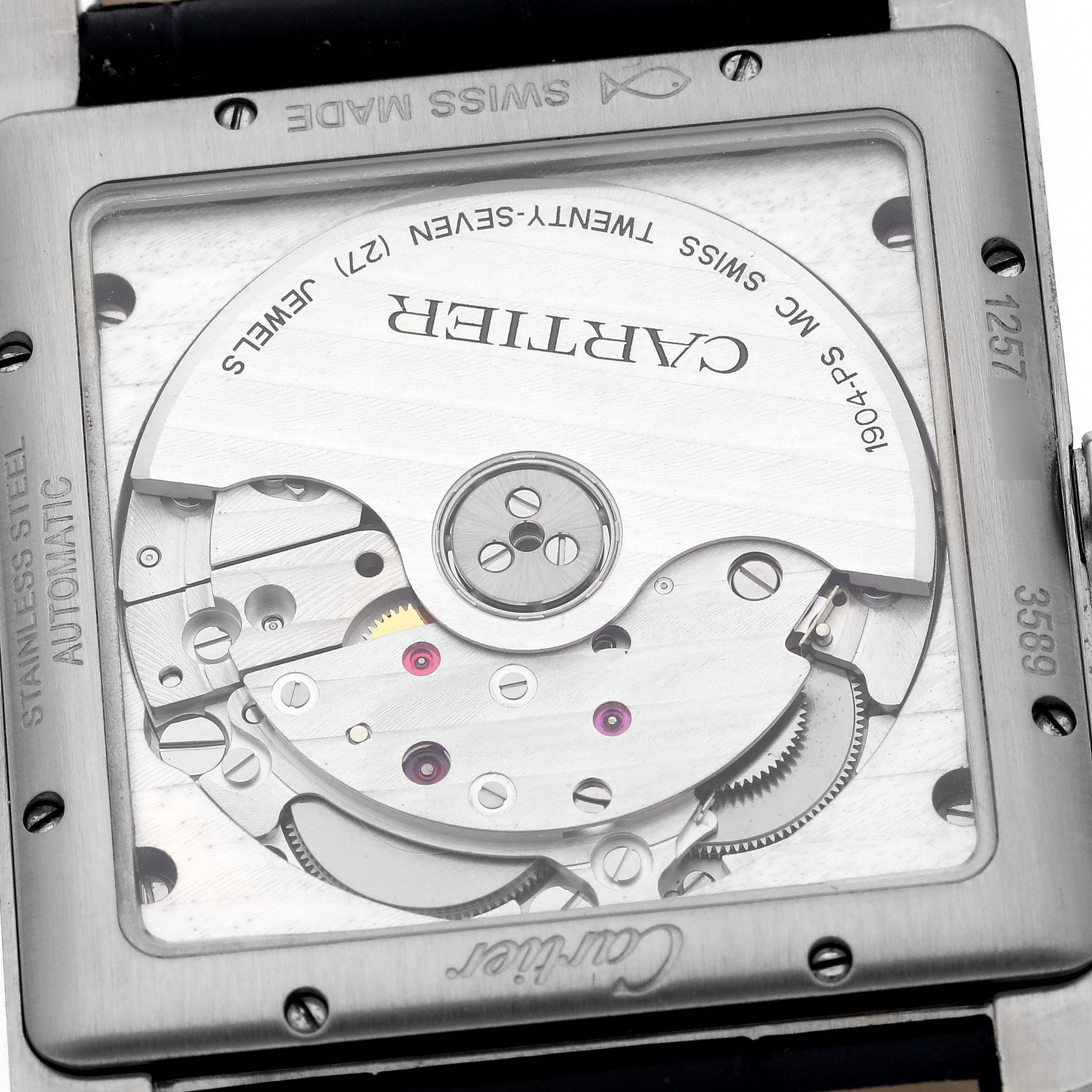 This image shows the back view of the Cartier Tank MC W5330003 Men
s Stainless Steel Silver Dial W5330003 Men
s Stainless Steel Silver Dial watch, focusing on the automatic movement and rotor.