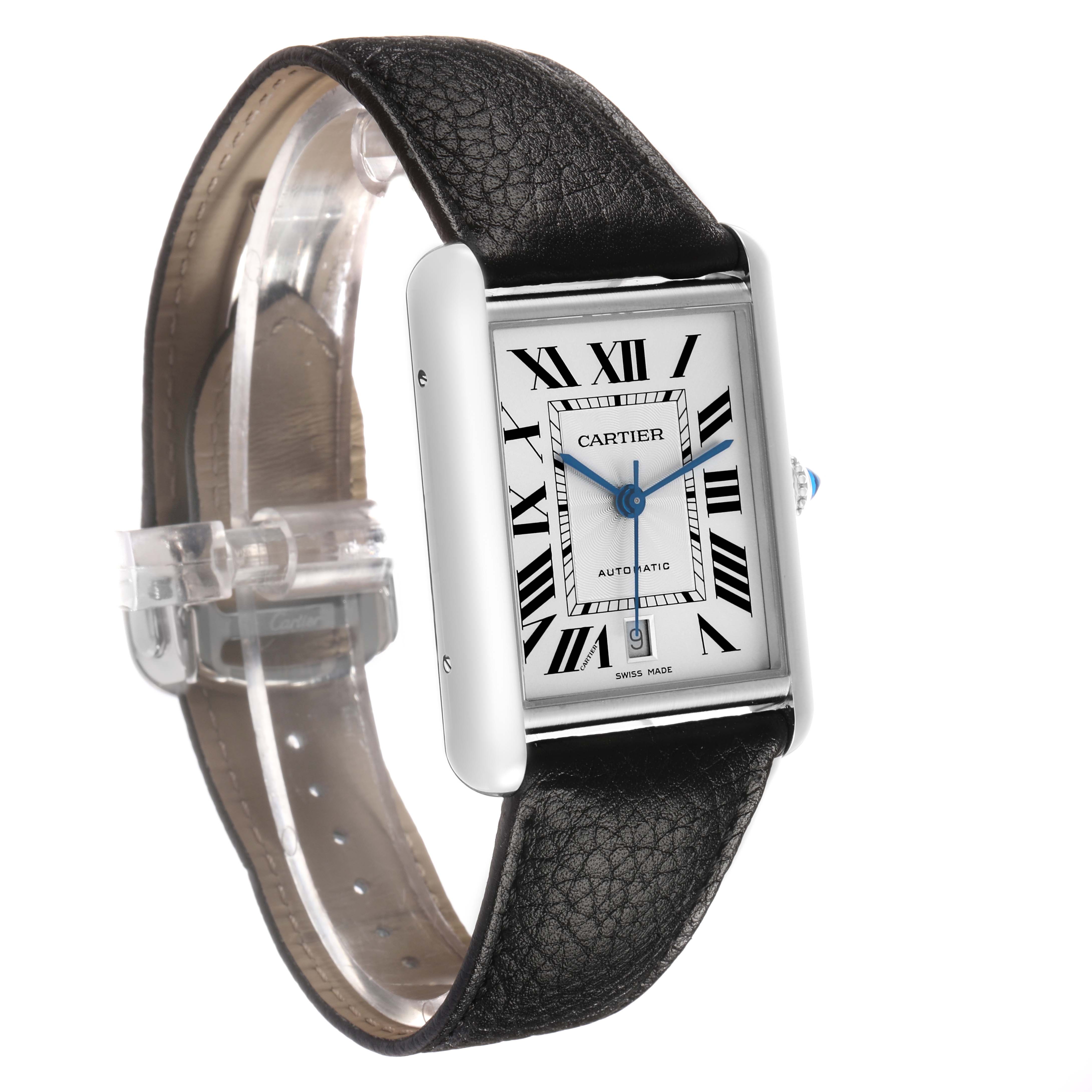 The Cartier Tank Must WSTA0040 Men's Stainless Steel Silver Dial watch is shown at an angled side view, highlighting the black leather strap and rectangular face with Roman numerals.