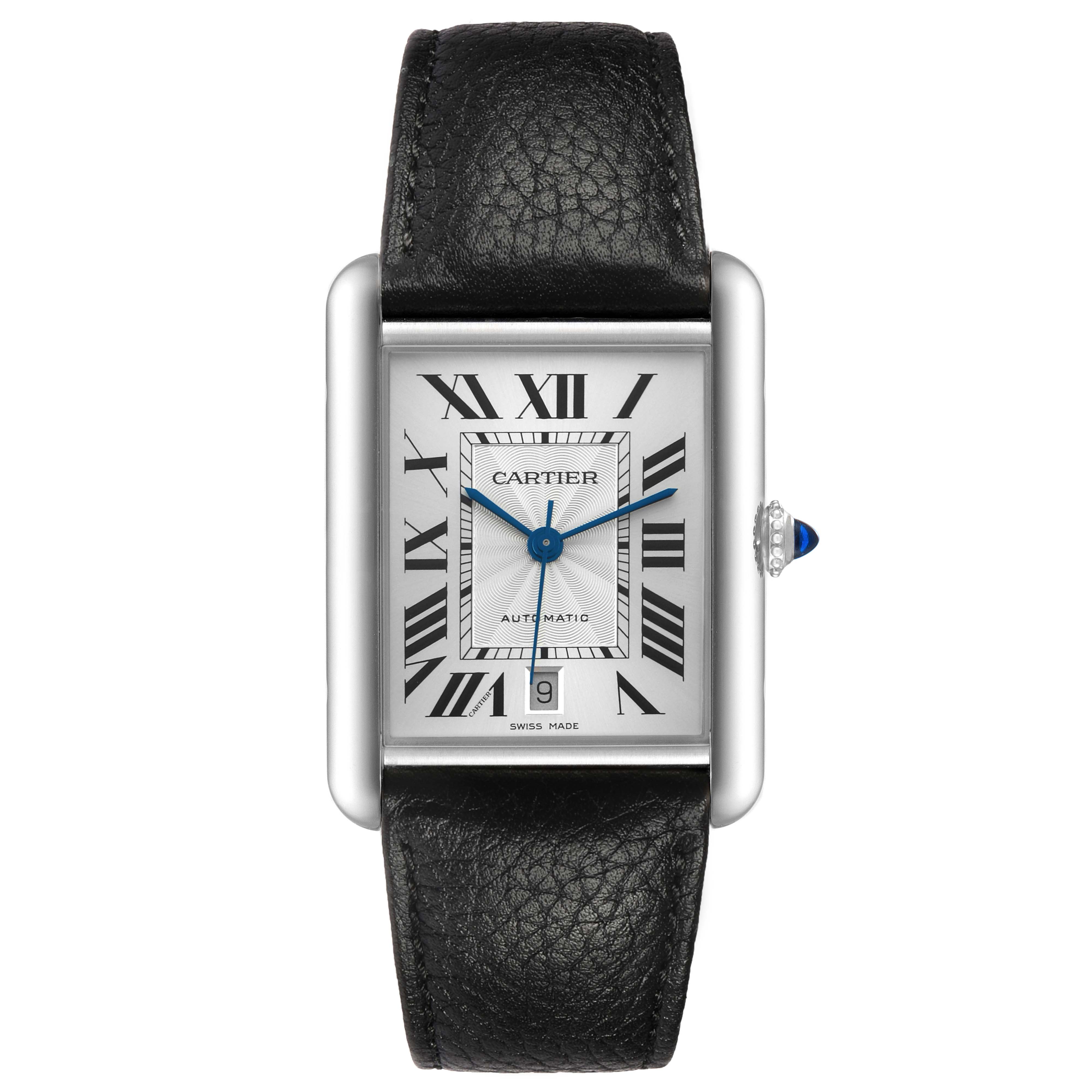 The Cartier Tank Must WSTA0040 Men's Stainless Steel Silver Dial watch is shown from the front, displaying its rectangular face, Roman numerals, and black leather strap.