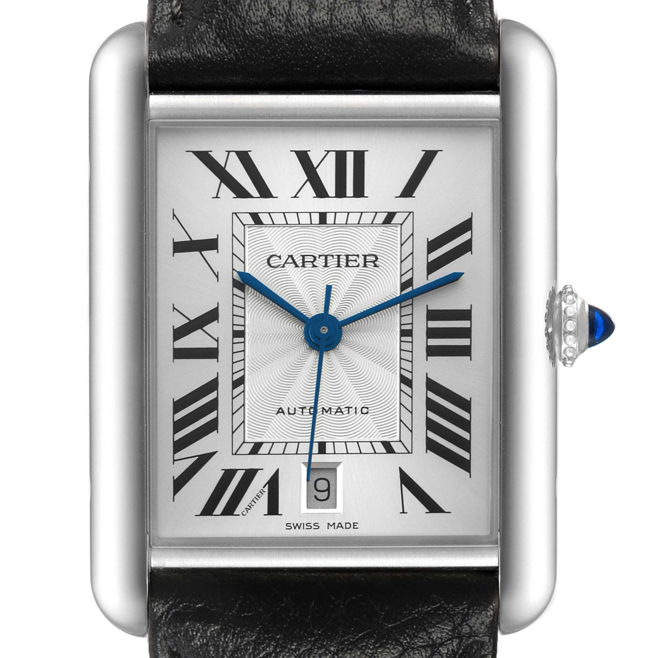 The Cartier Tank Must WSTA0040 Men's Stainless Steel Silver Dial watch is shown from the front, displaying its rectangular face, Roman numerals, and blue hands.