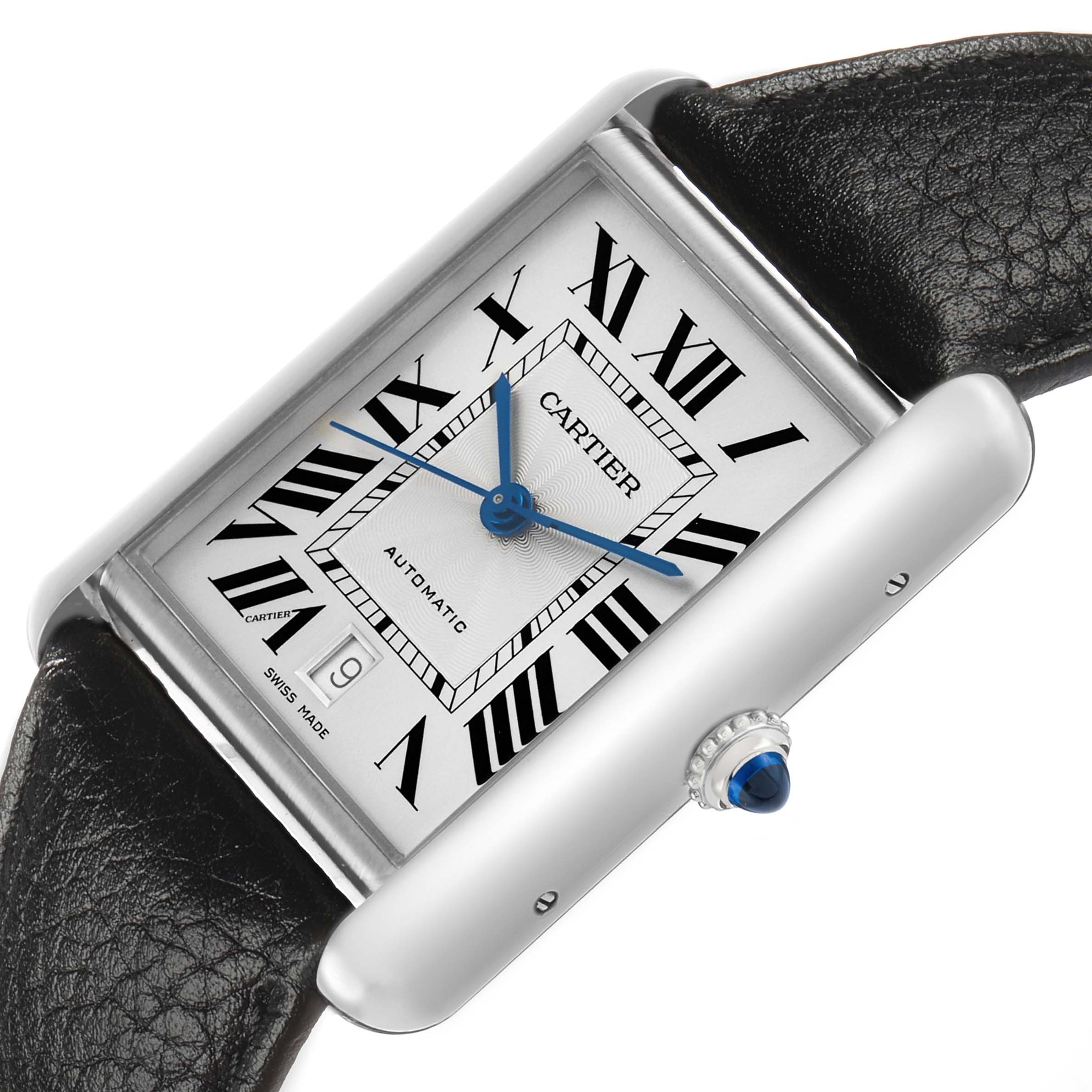 The Cartier Tank Must WSTA0040 Men's Stainless Steel Silver Dial watch is shown from a tilted angle, highlighting the rectangular face, Roman numerals, blue hands, and crown.