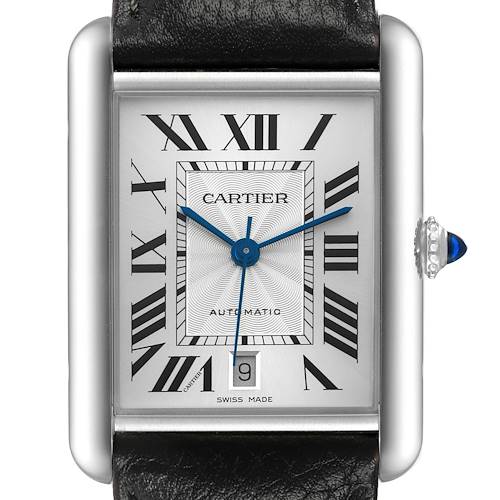The Cartier Tank Must WSTA0040 Men's Stainless Steel Silver Dial watch is shown from the front, displaying its face, Roman numerals, blue hands, and crown with a blue cabochon.