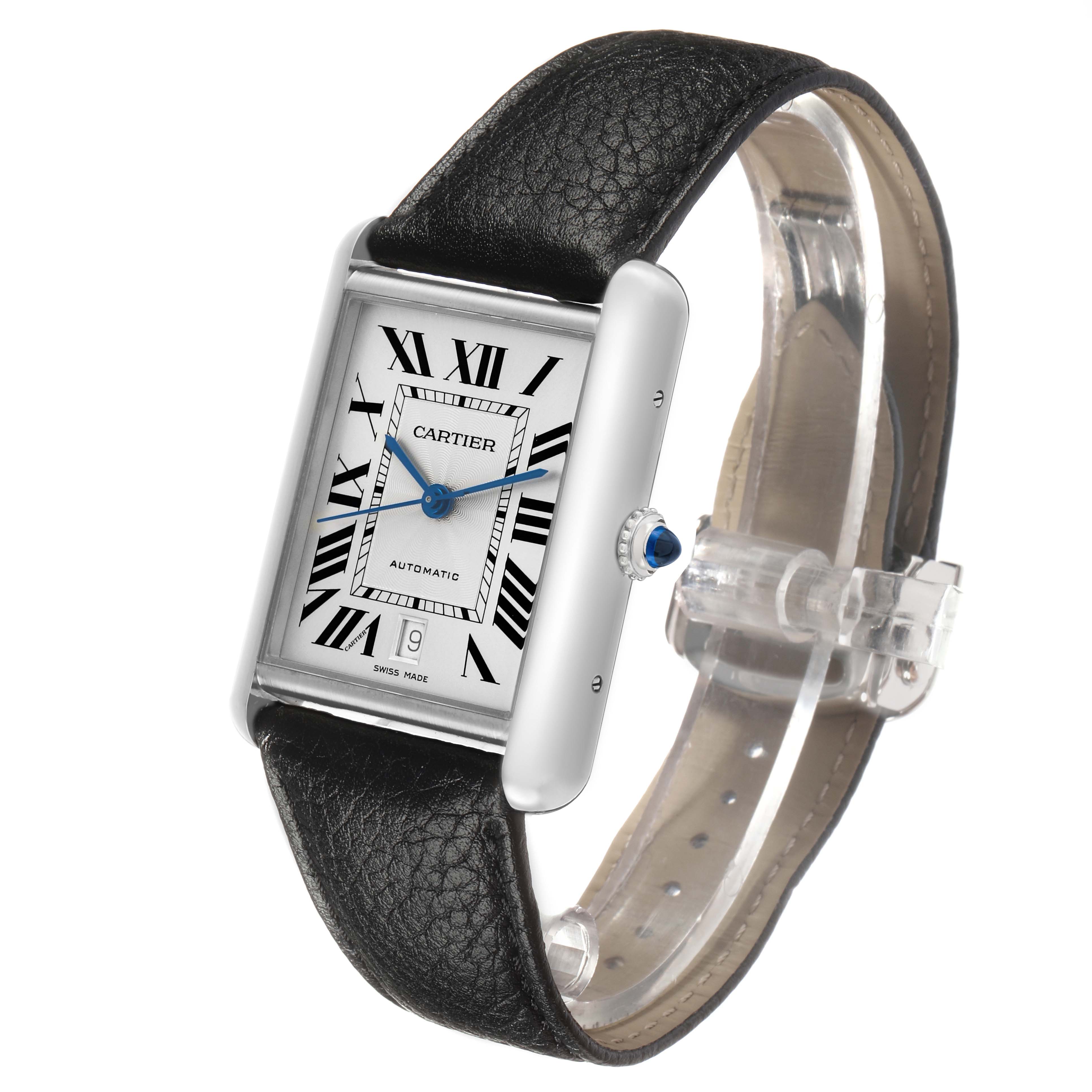 The Cartier Tank Must WSTA0040 Men's Stainless Steel Silver Dial watch is shown at an angle, displaying the face, crown, and leather strap.