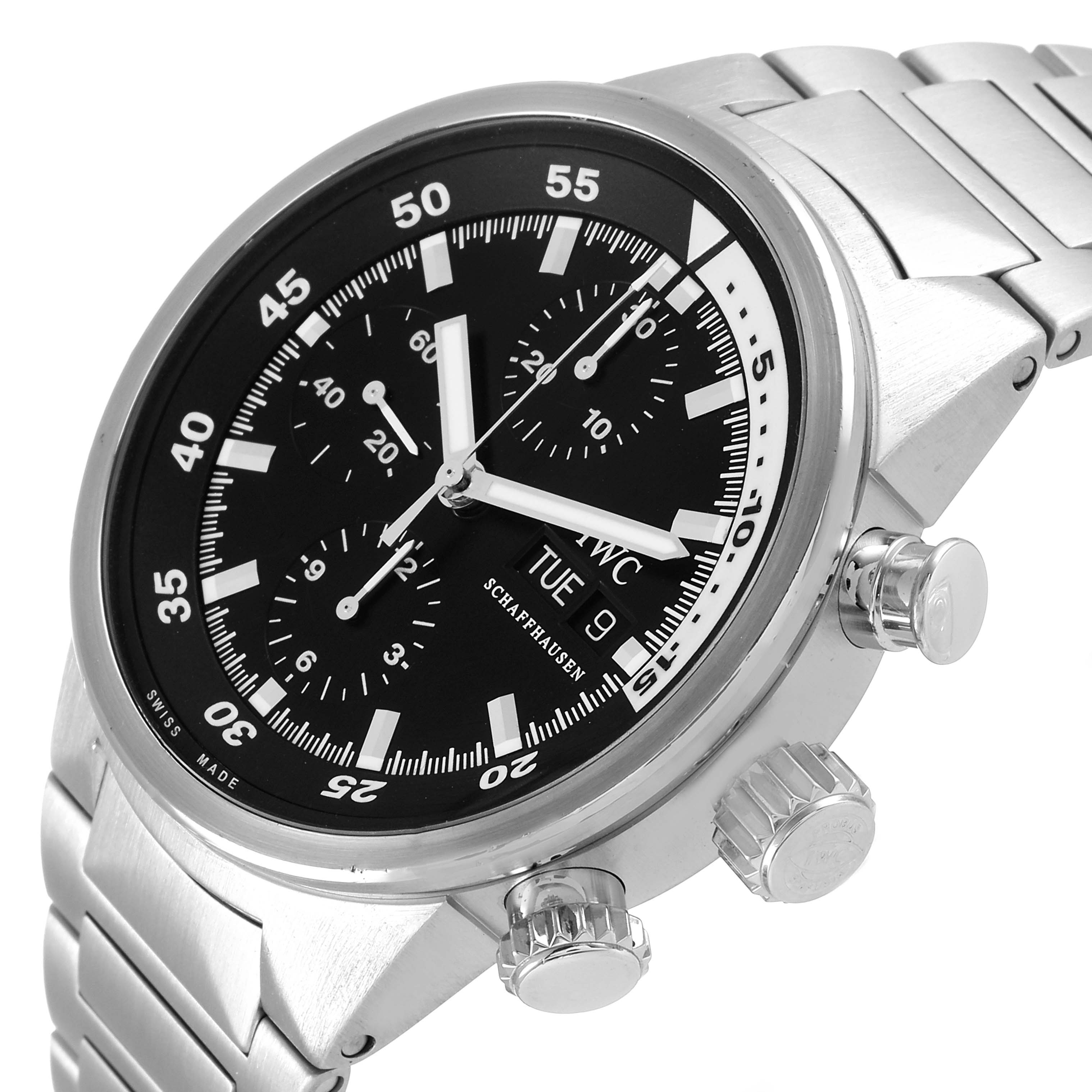 The image shows an angled close-up of an IWC Aquatimer IW371928 Men's Stainless Steel Black Dial IW371928 Men's Stainless Steel Black Dial watch, highlighting its face, bezel, crown, and pushers.