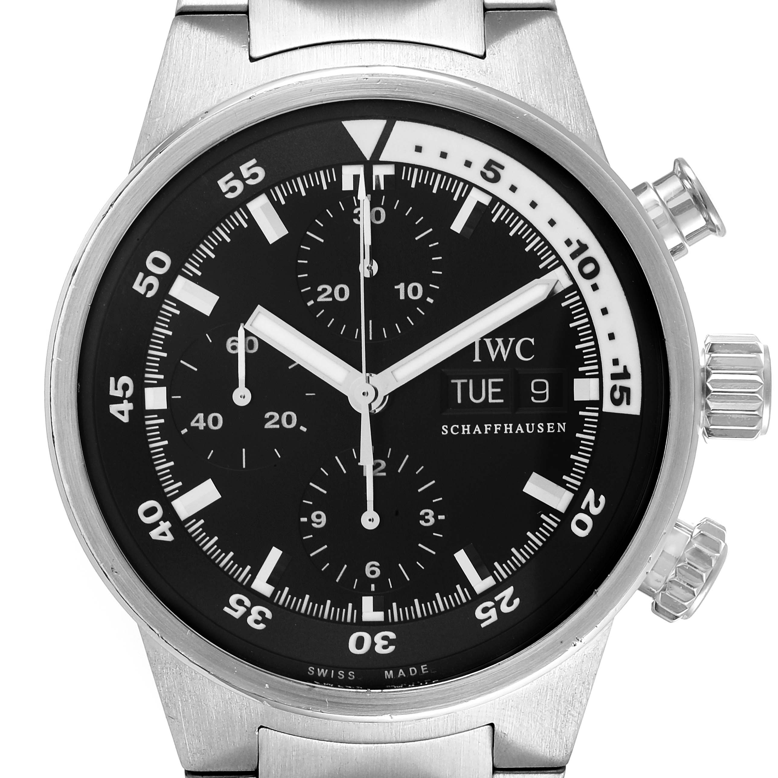 The IWC Aquatimer IW371928 Men's Stainless Steel Black Dial IW371928 Men's Stainless Steel Black Dial watch is shown from a front angle, displaying the dial, hands, sub-dials, date window, and crown.