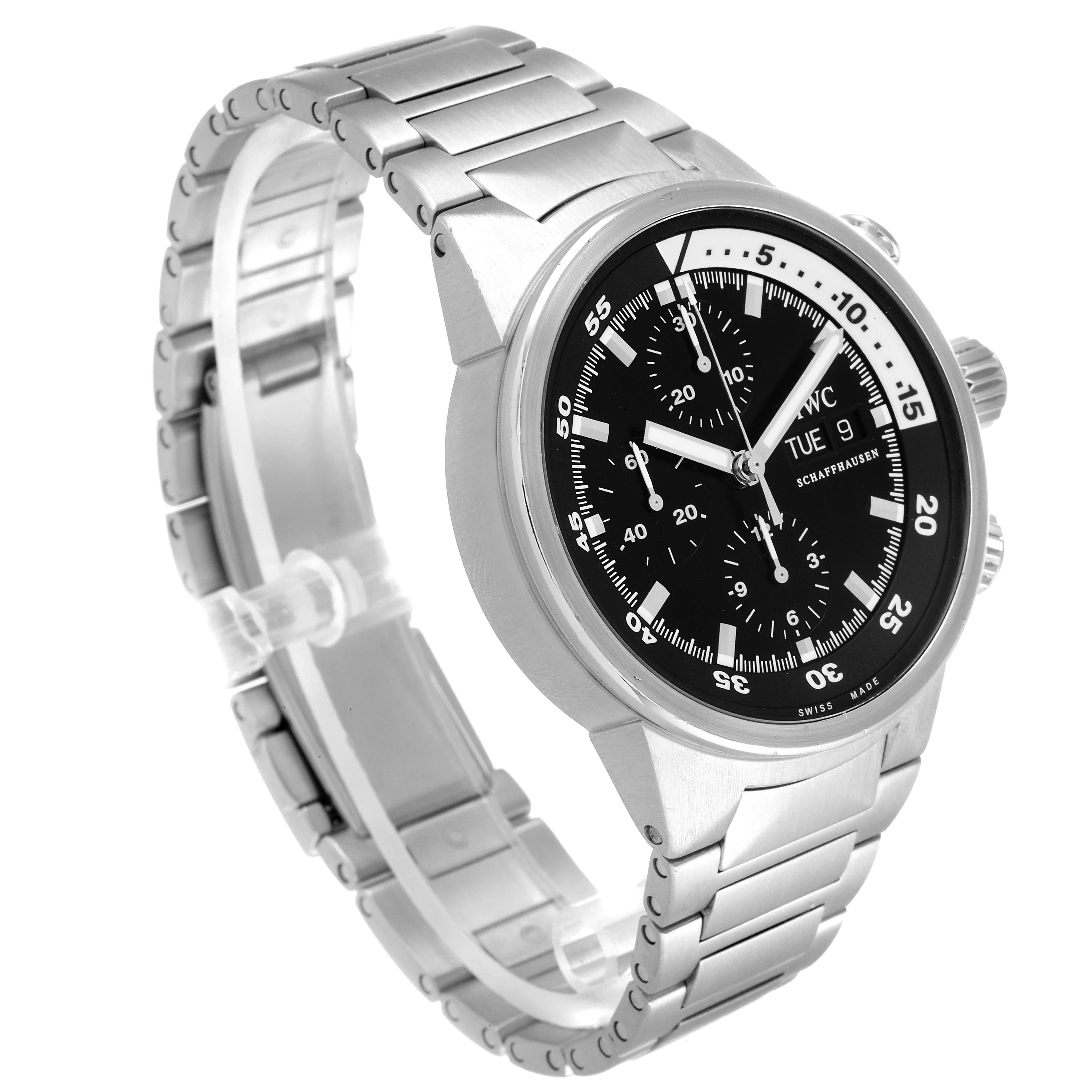 The IWC Aquatimer IW371928 Men's Stainless Steel Black Dial IW371928 Men's Stainless Steel Black Dial model watch is shown at a slight angle, highlighting its face, chronograph, and stainless steel bracelet.