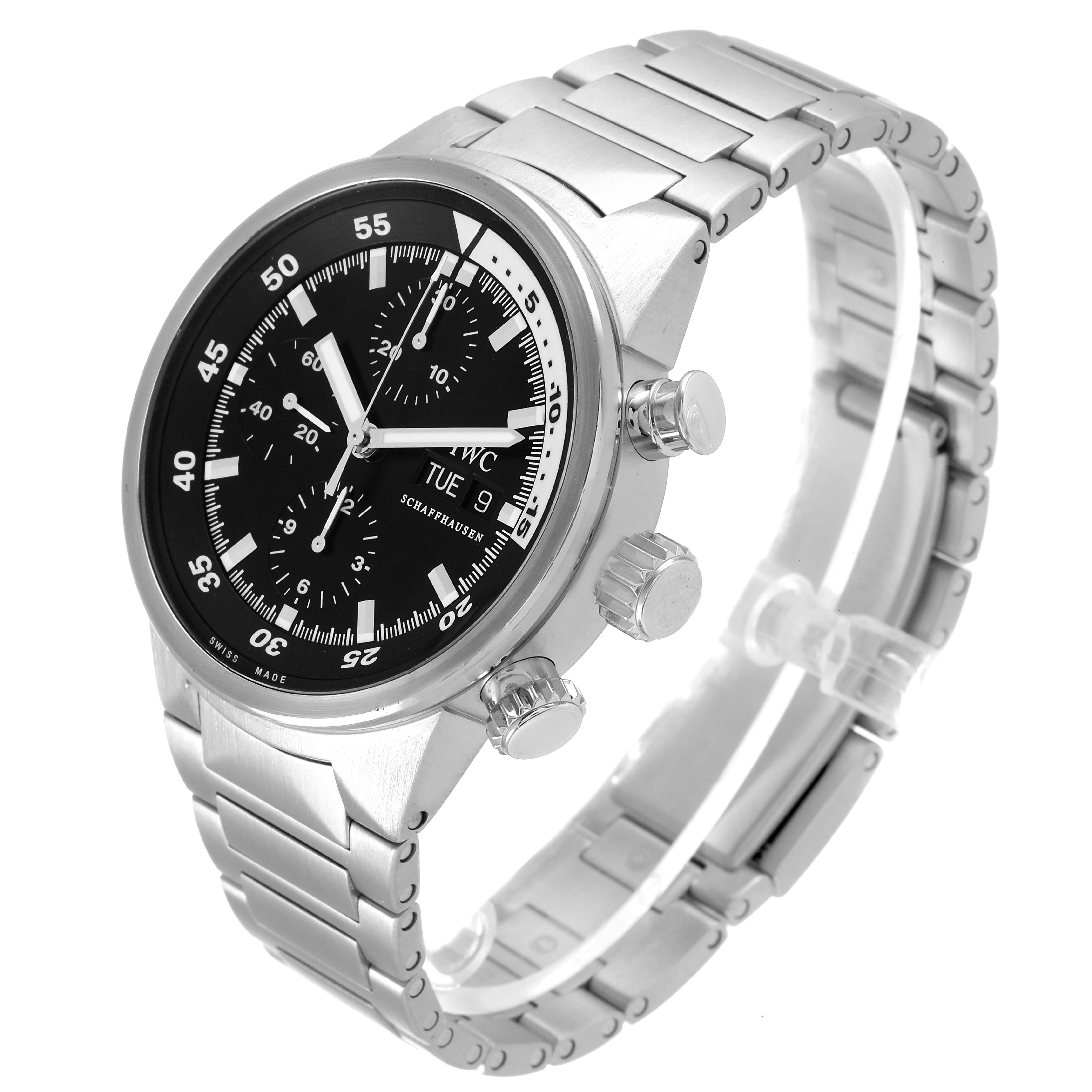 The IWC Aquatimer IW371928 Men's Stainless Steel Black Dial IW371928 Men's Stainless Steel Black Dial watch is shown at a tilted angle, showcasing its stainless steel bracelet, chronograph buttons, and the black dial.