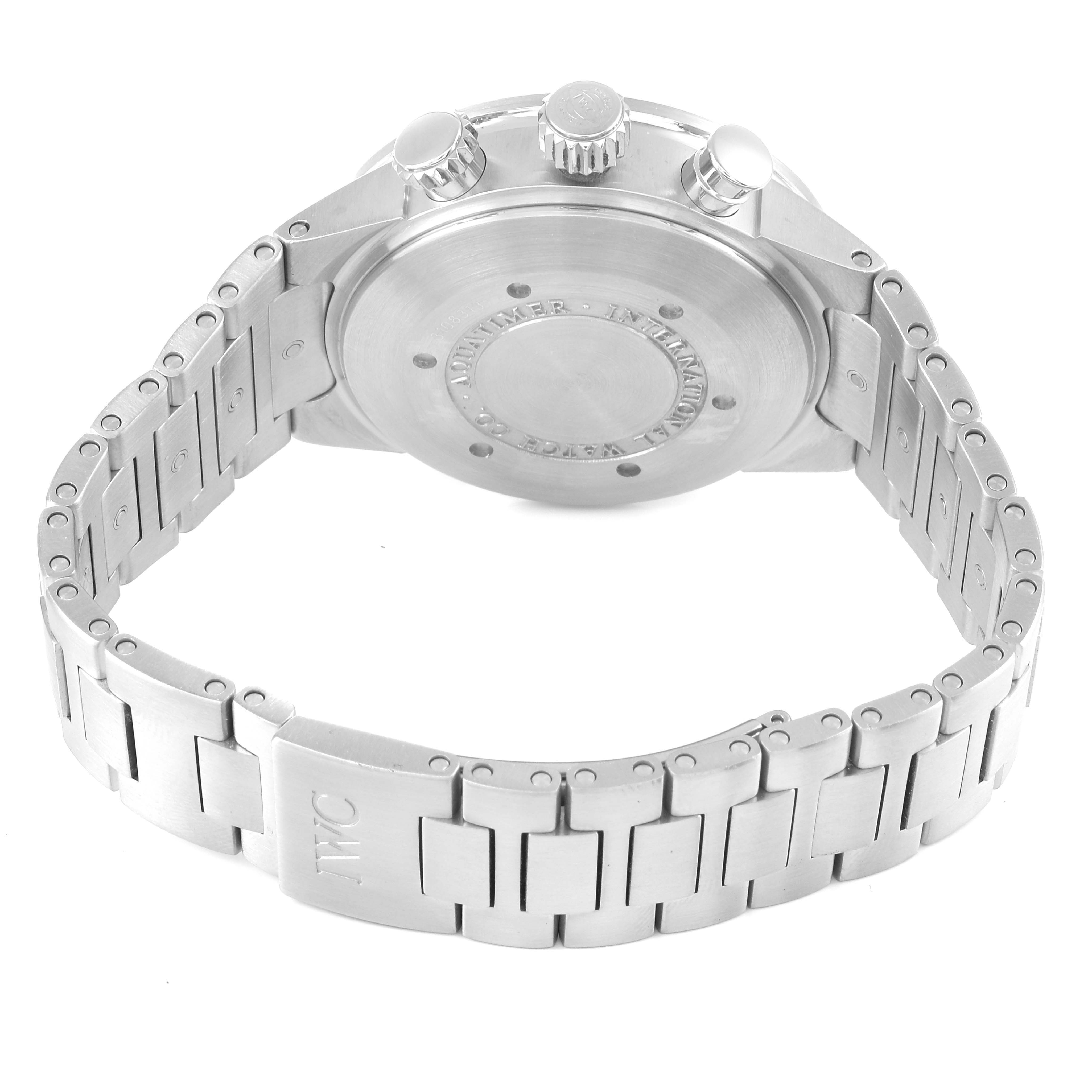 The image shows the back view of an IWC Aquatimer IW371928 Men's Stainless Steel Black Dial IW371928 Men's Stainless Steel Black Dial watch, highlighting the case back, crown, pushers, and stainless steel bracelet.