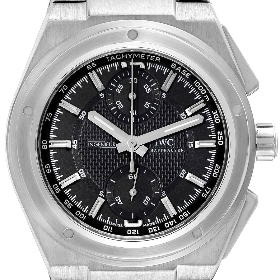 The IWC Ingenieur watch is shown from a front angle, highlighting the dial, chronograph subdials, and tachymeter bezel.