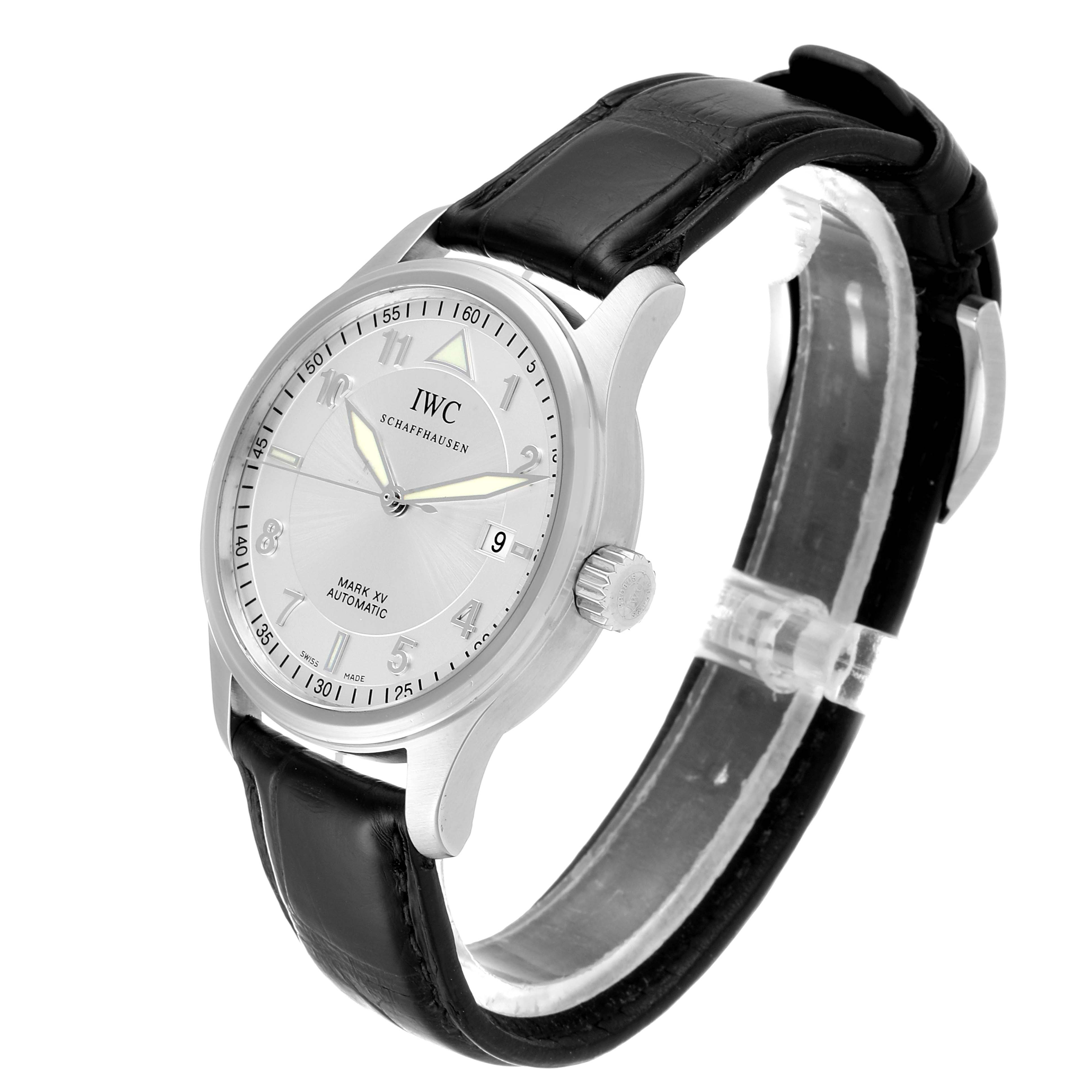The IWC Pilot IW325313 Men's Stainless Steel Silver Dial IW325313 Men's Stainless Steel Silver Dial Mark XV watch is shown at a three-quarter angle, highlighting the dial, crown, and black leather strap.