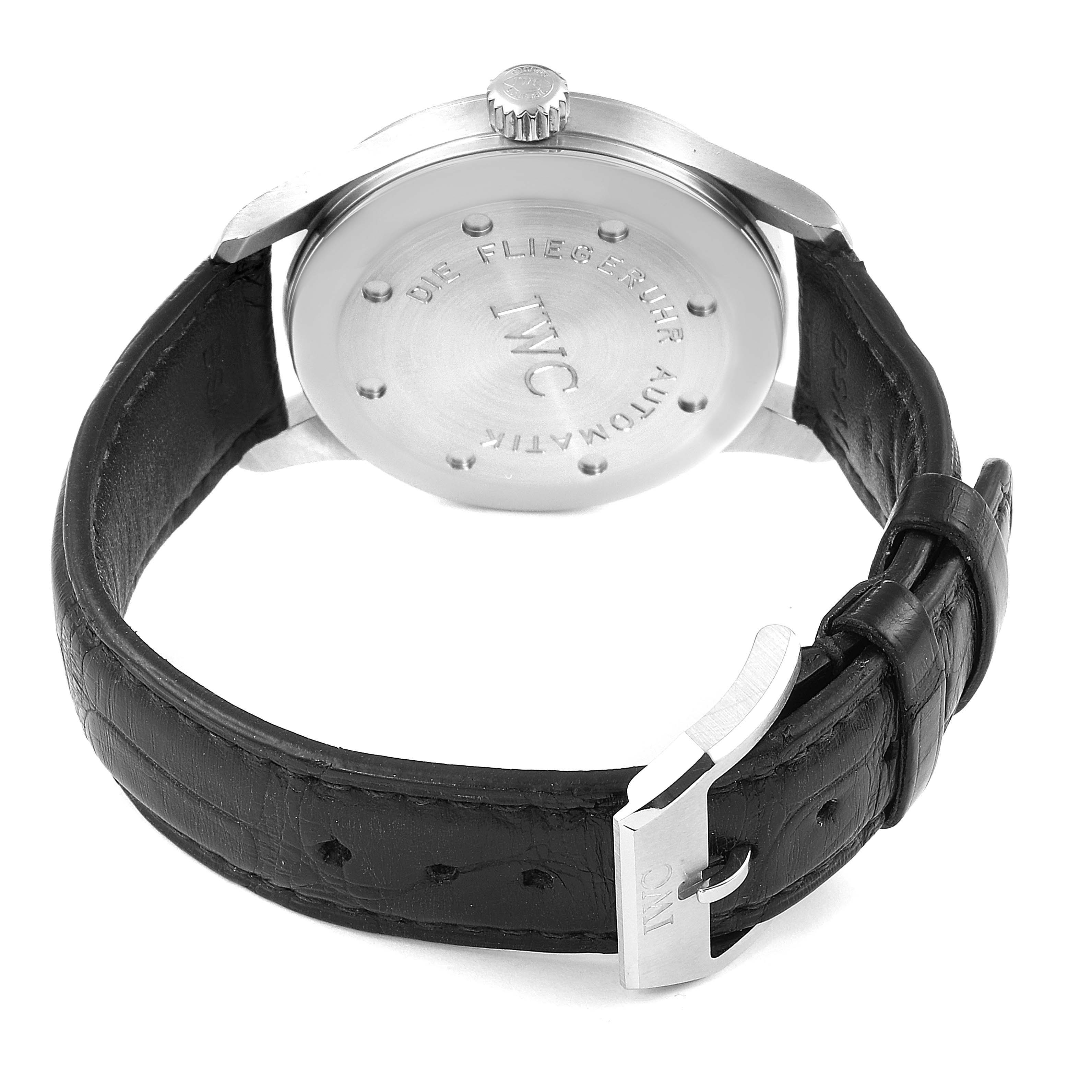 This image shows the back case and strap buckle of the IWC Pilot IW325313 Men's Stainless Steel Silver Dial IW325313 Men's Stainless Steel Silver Dial watch model.