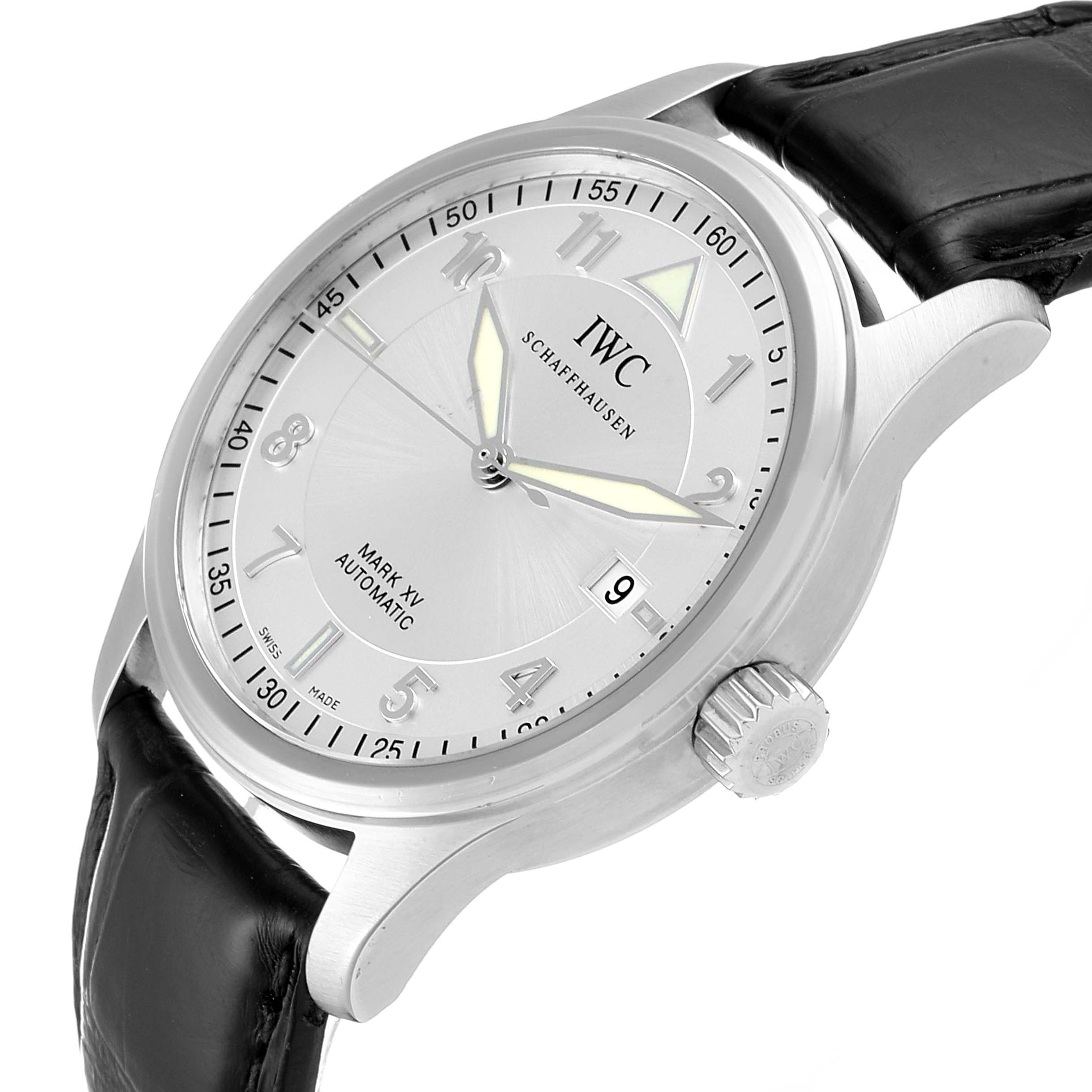 The image shows an IWC Pilot IW325313 Men's Stainless Steel Silver Dial IW325313 Men's Stainless Steel Silver Dial Mark XV watch from an oblique angle, highlighting the dial, case, crown, and leather strap. 