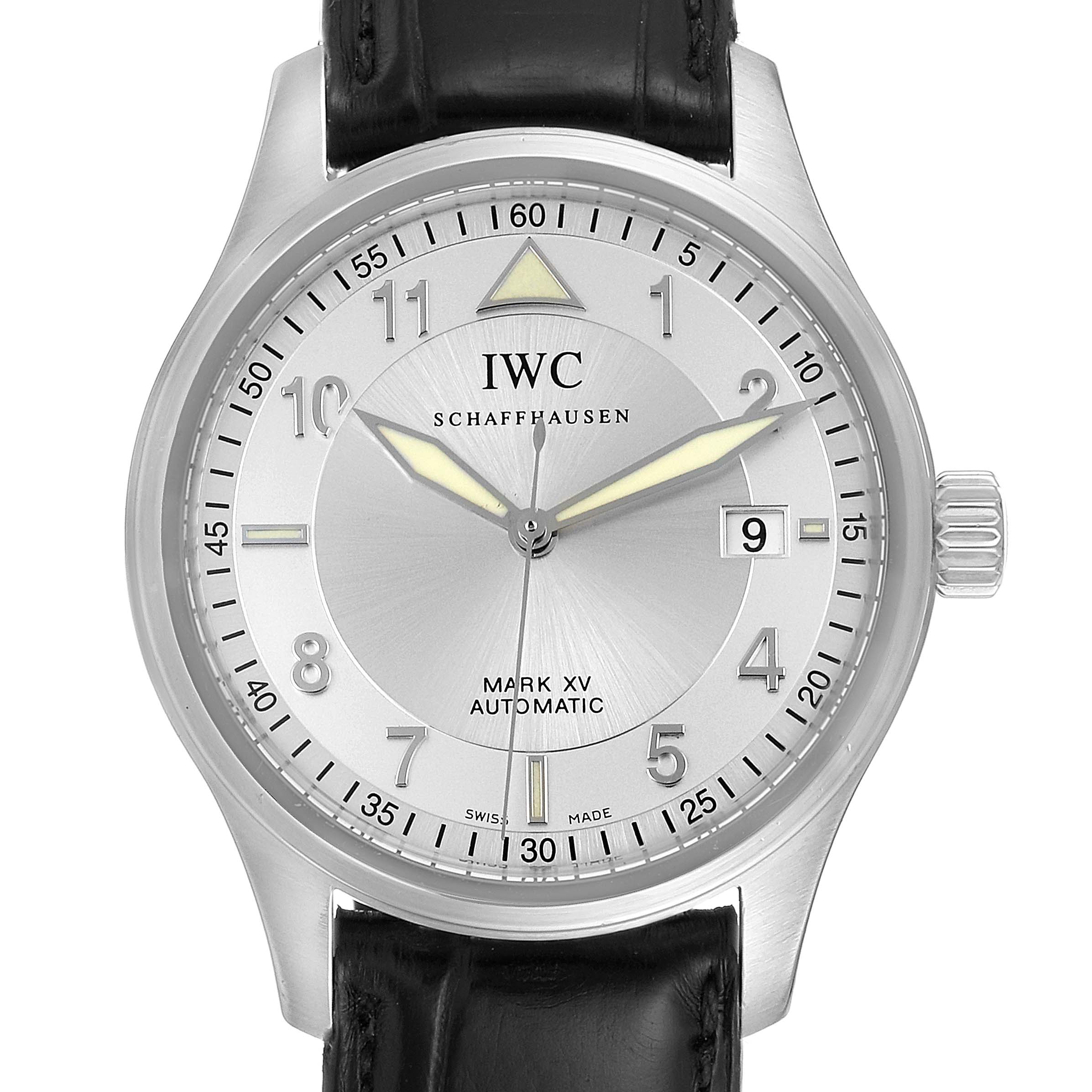 The image shows a frontal view of the IWC Pilot IW325313 Men's Stainless Steel Silver Dial IW325313 Men's Stainless Steel Silver Dial Mark XV watch, highlighting its dial, hands, date window, and black leather strap.