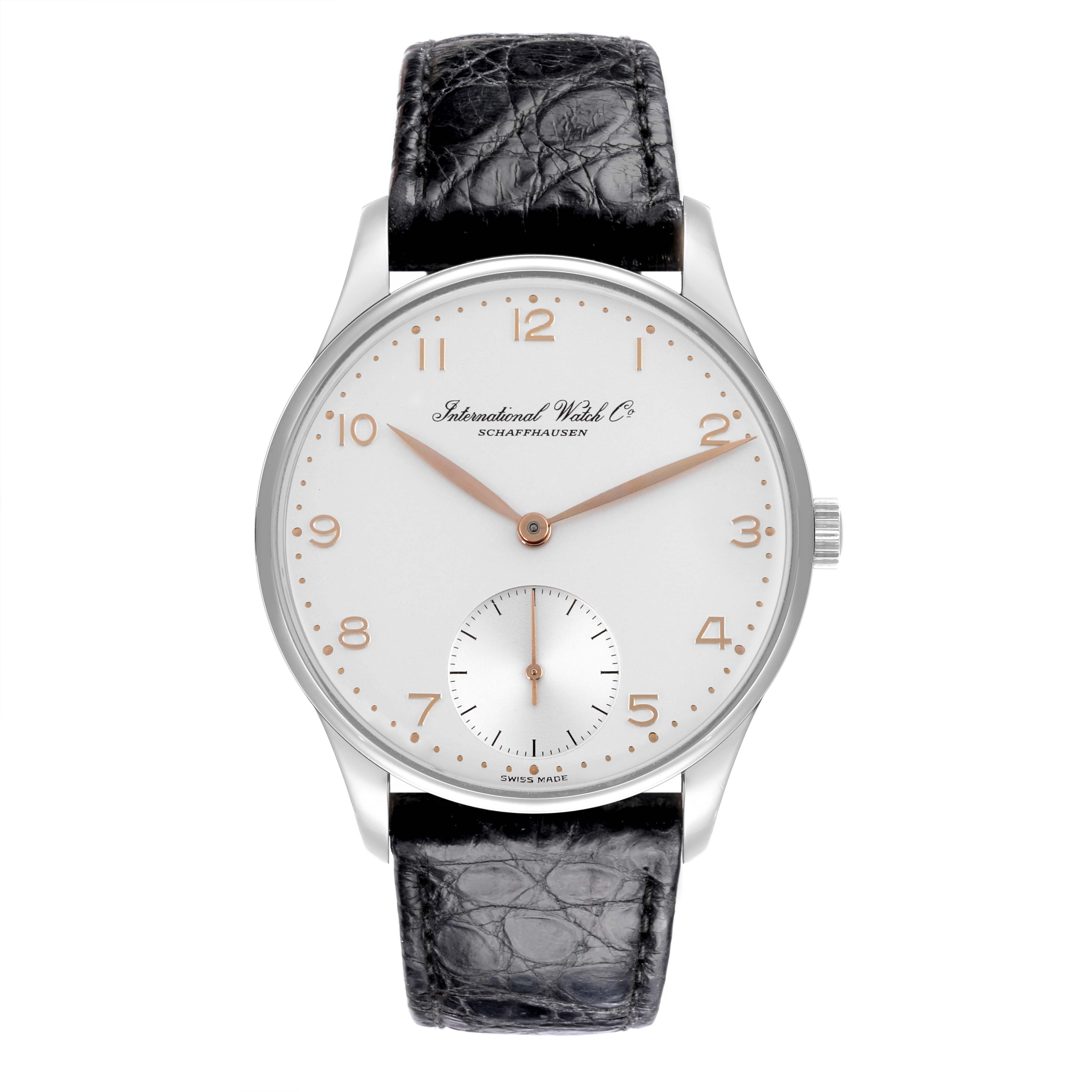 The IWC Portuguese IW5441 Men
s Stainless Steel Silver Dial IW5441 Men
s Stainless Steel Silver Dial watch is shown from the front, displaying the face, hands, numerals, and leather strap.