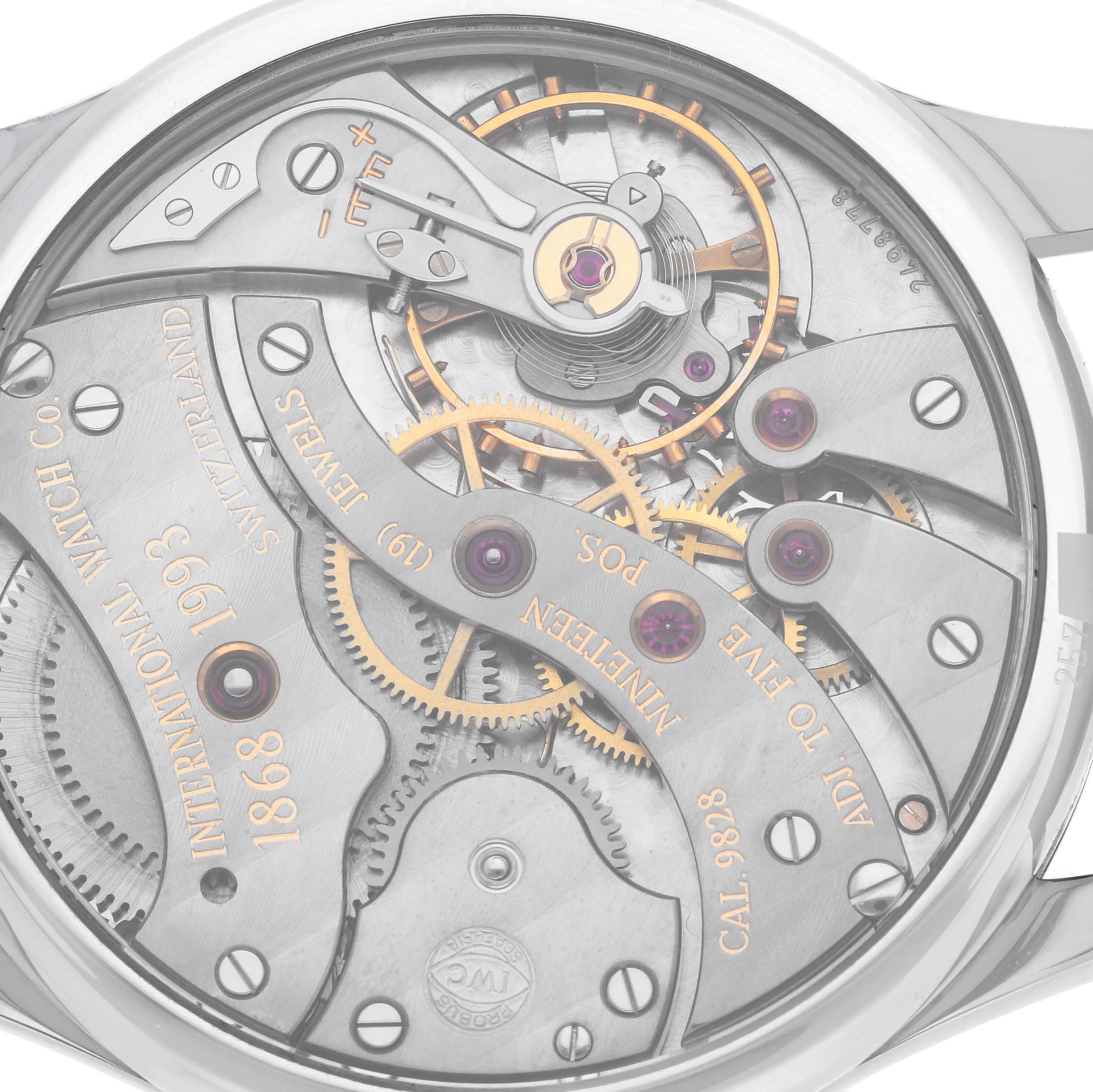 The image shows the detailed mechanism of the IWC Portuguese IW5441 Men
s Stainless Steel Silver Dial IW5441 Men
s Stainless Steel Silver Dial model
s movement from a rear angle.