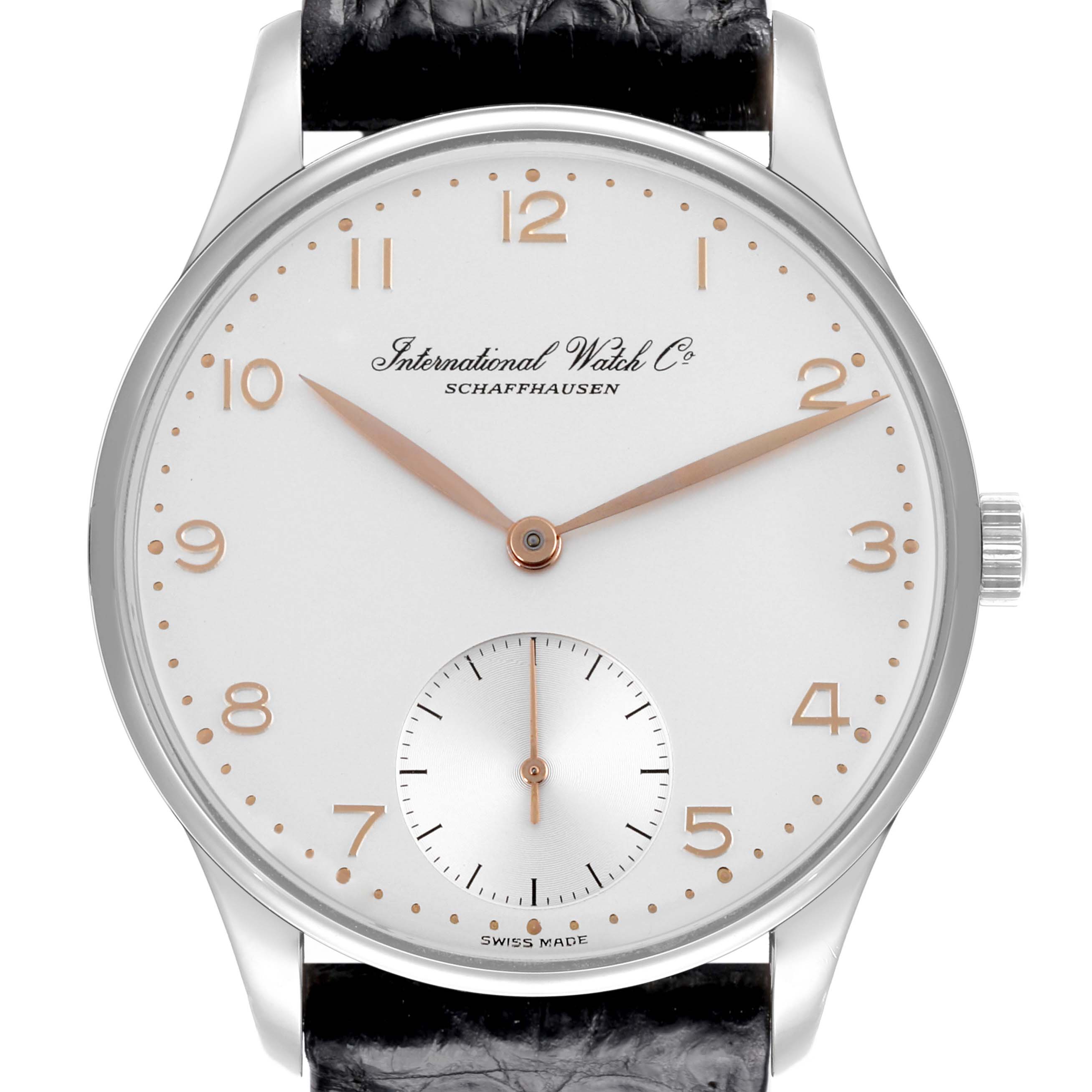 The IWC Portuguese IW5441 Men
s Stainless Steel Silver Dial IW5441 Men
s Stainless Steel Silver Dial watch is shown from the front, highlighting its face, hands, and leather strap attachment.