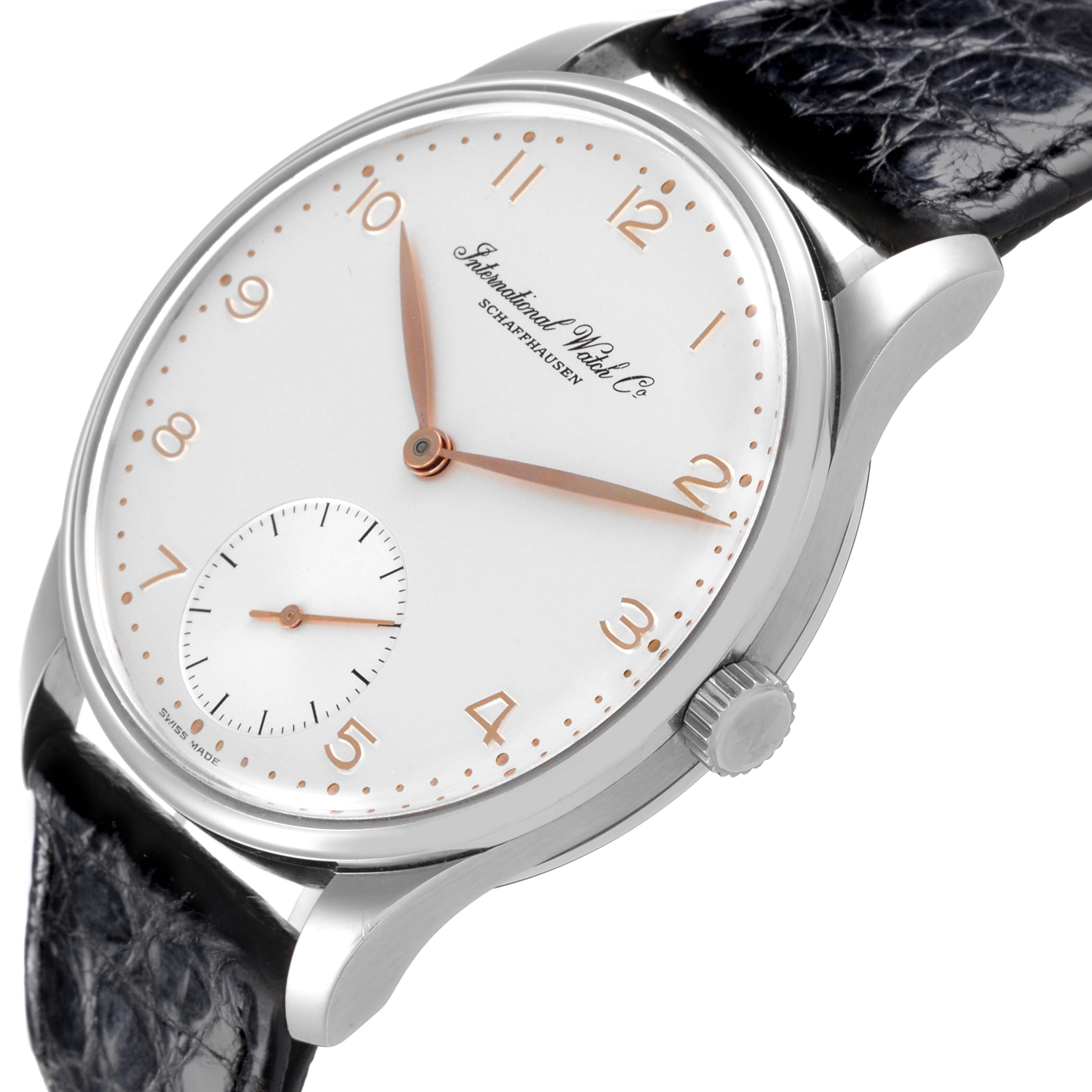 The IWC Portuguese IW5441 Men
s Stainless Steel Silver Dial IW5441 Men
s Stainless Steel Silver Dial watch is shown at an angle highlighting the dial, crown, case, and part of the leather strap.