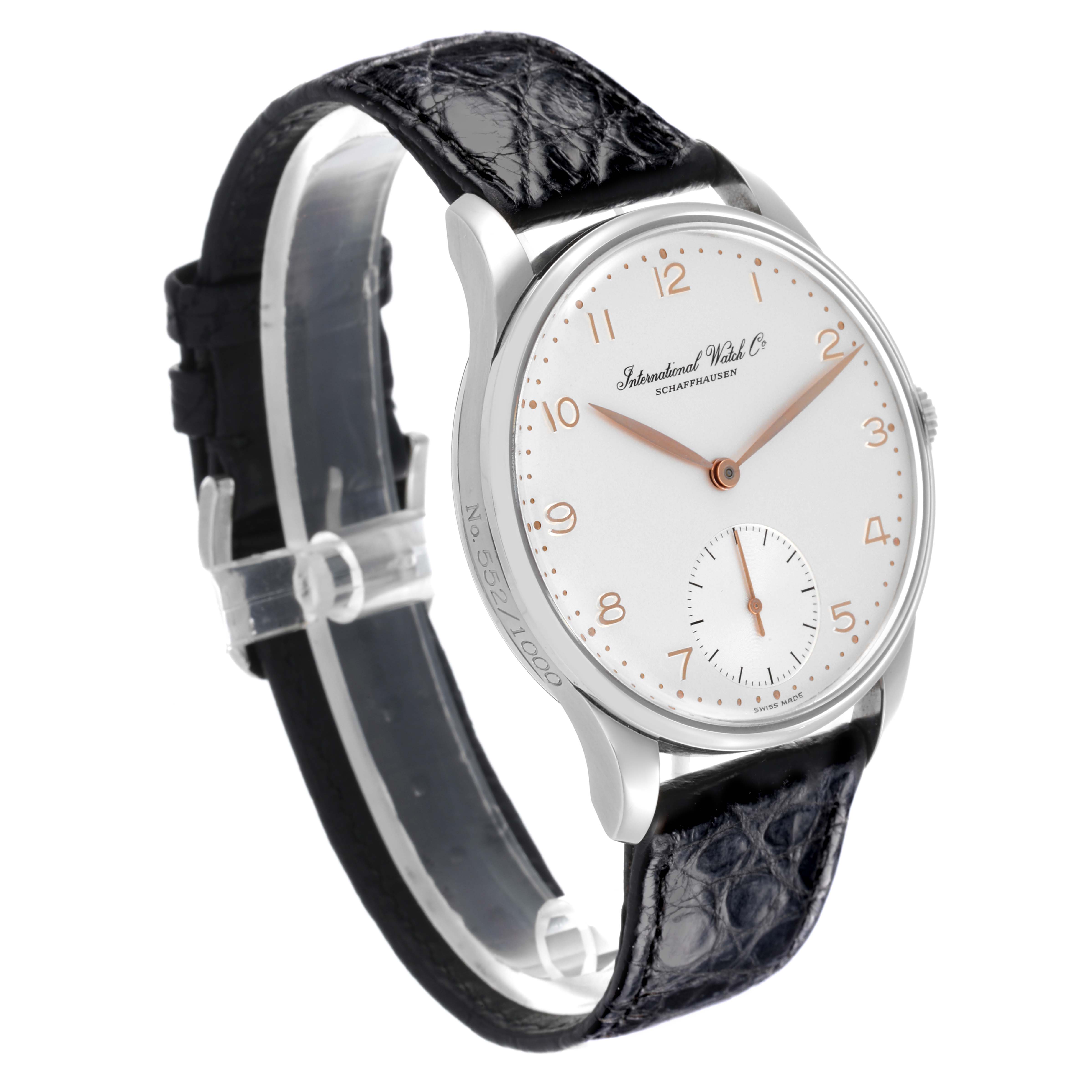 The IWC Portuguese IW5441 Men
s Stainless Steel Silver Dial IW5441 Men
s Stainless Steel Silver Dial watch is shown from a front-side angle, highlighting the face, strap, and lugs.