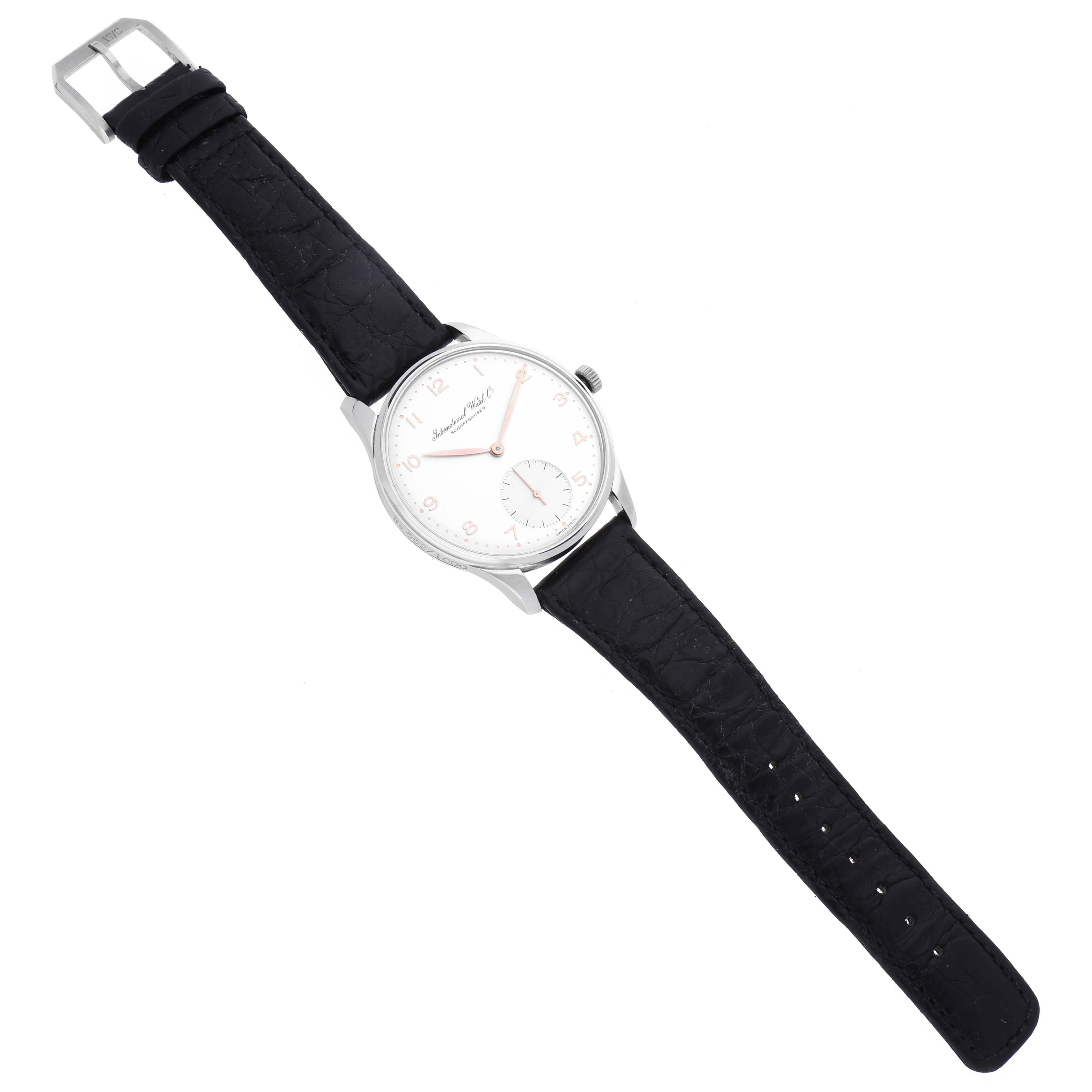 The IWC Portuguese IW5441 Men
s Stainless Steel Silver Dial IW5441 Men
s Stainless Steel Silver Dial watch is shown from a top angle, displaying the face, case, and full black leather strap.