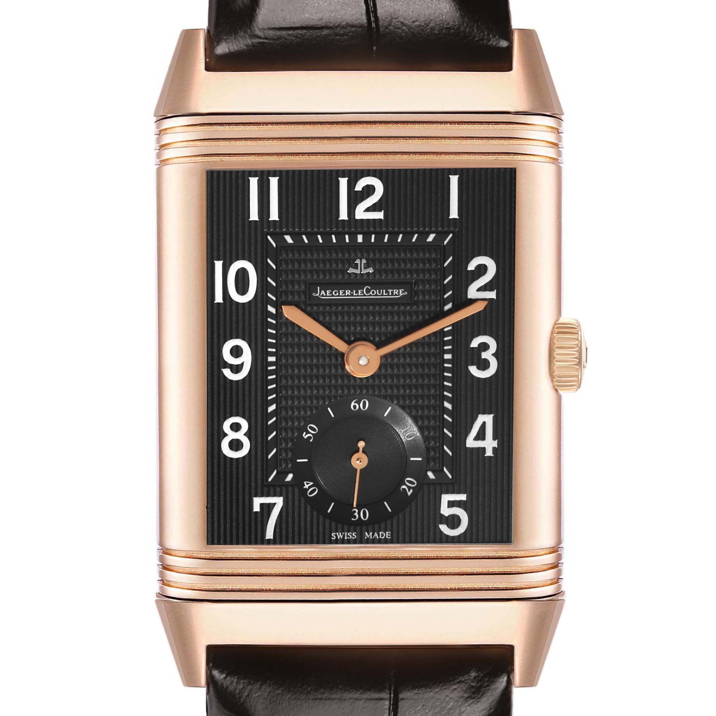 The Jaeger LeCoultre Reverso Q3732470 Men's Rose Gold Black Dial watch is shown from the front, displaying the dial and crown.